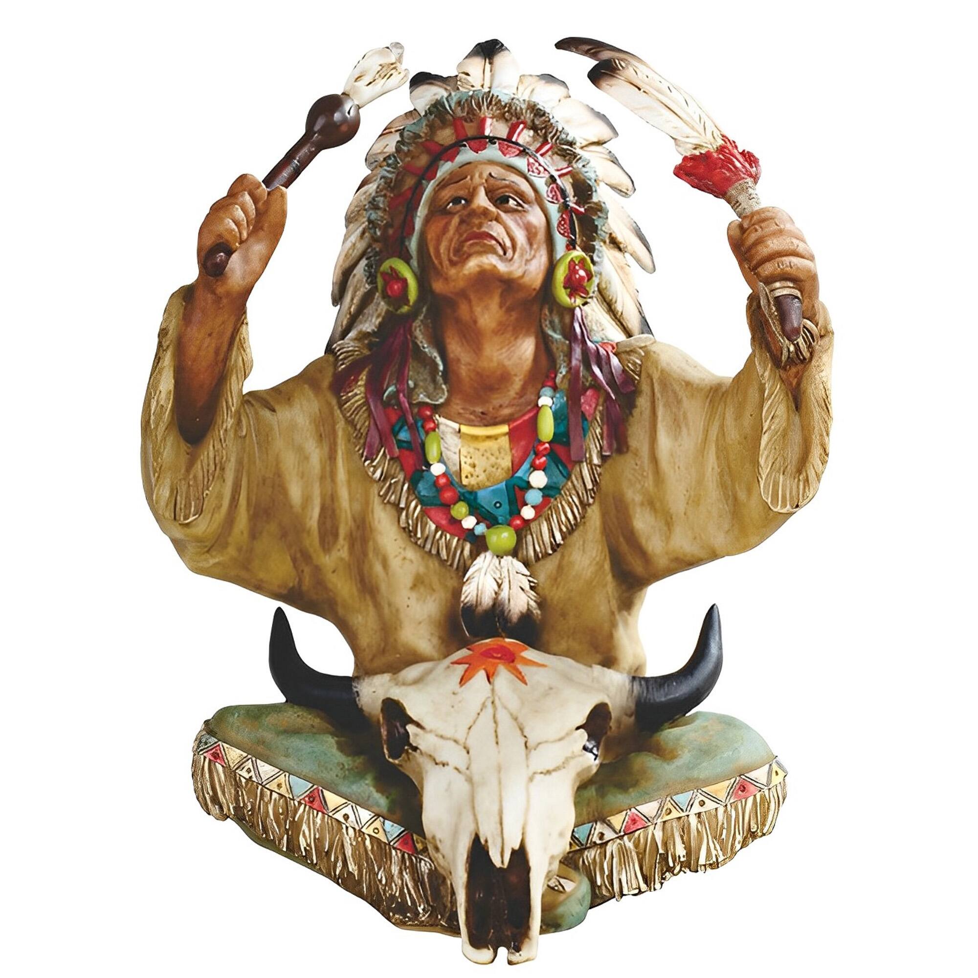 FC Design - 10"H Native American Chief with Bull Skull Figurine Statue Office Desk Tabletop Home Decor Gift - Multi-Color
