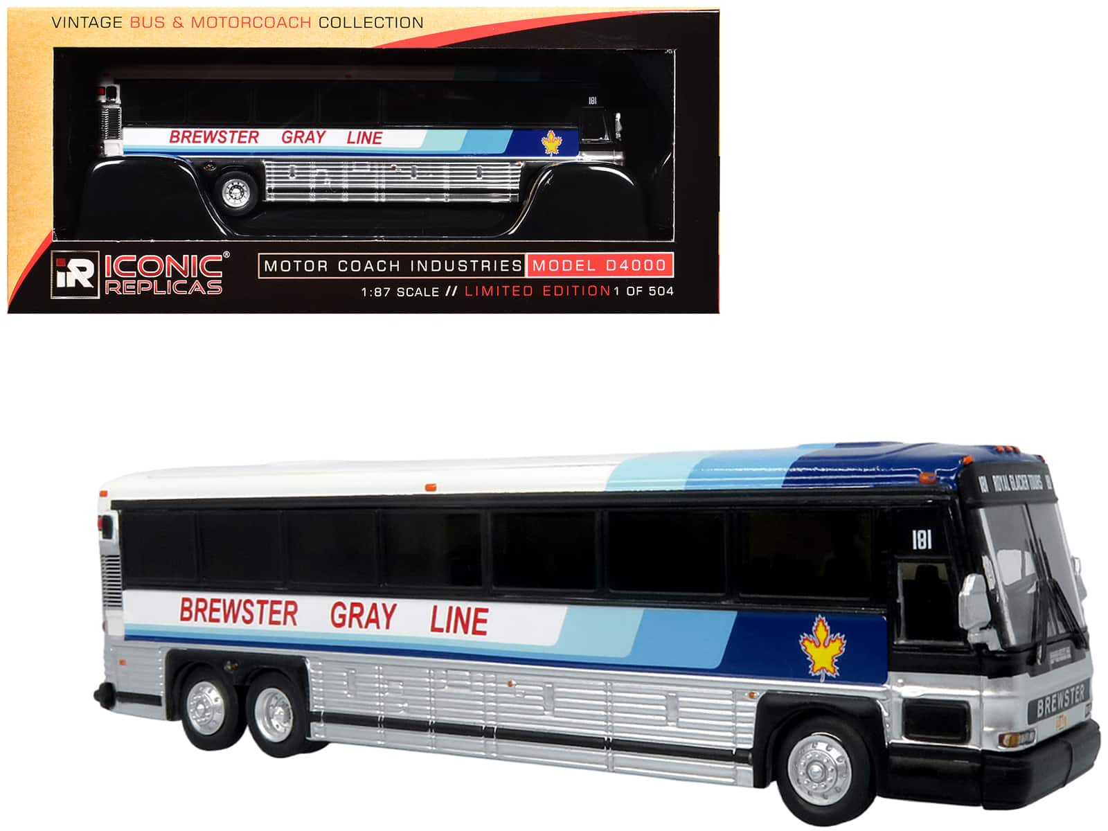 2001 MCI D4000 Coach Bus "Brewster Gray Line" White with Blue Stripes 1/87 (HO) Scale Diecast Model by Iconic Replicas