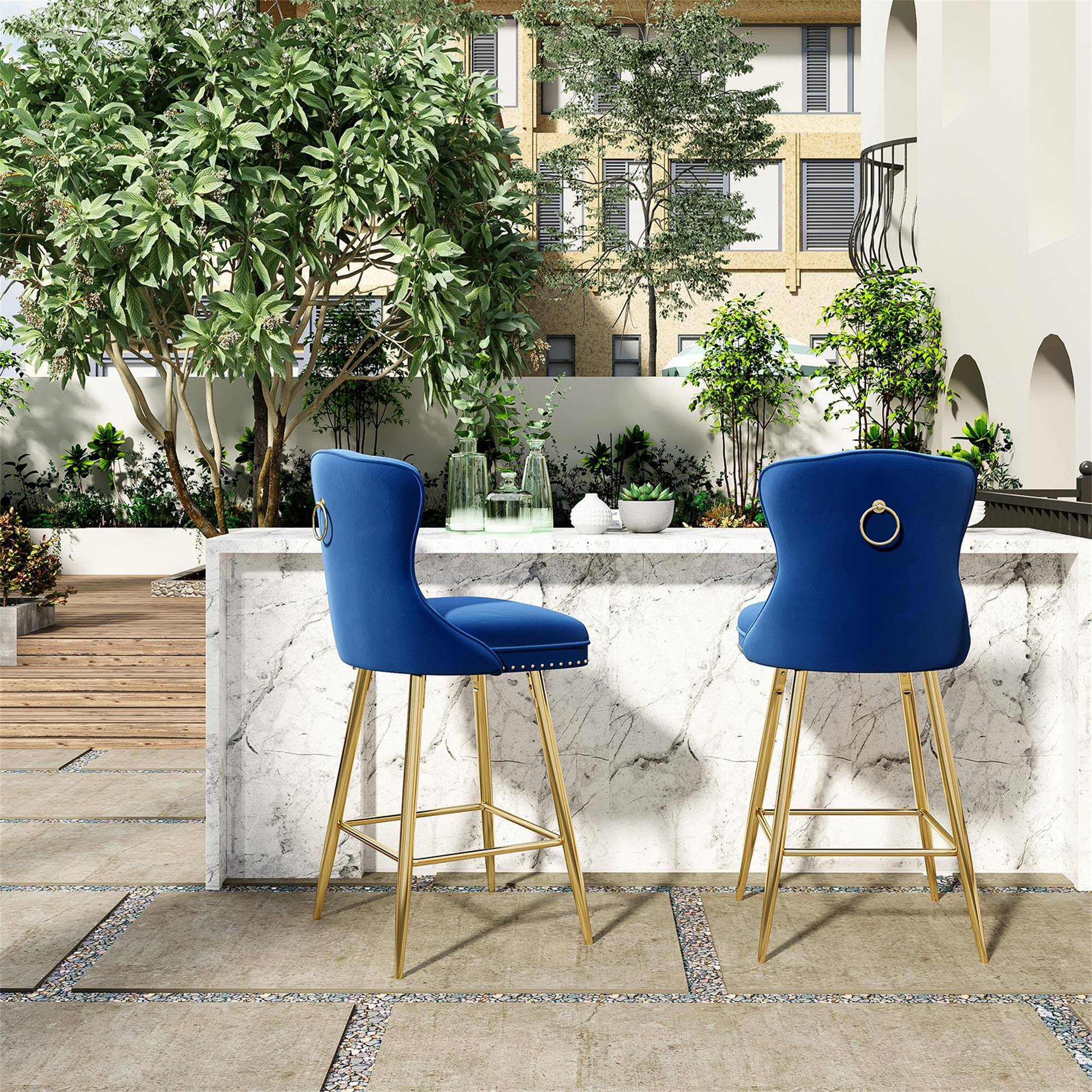 Alt View 1. Boyel Living - Blue Bar Stools Set of 2 Velvet Counter Height Bar Stools with Metal Legs Button Tufted and Nailheads Trim - Blue.