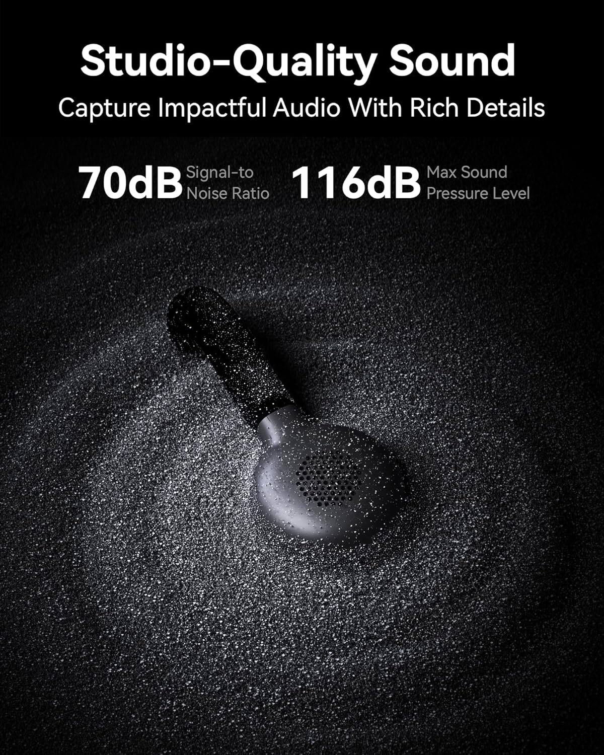 Studio-Quality Sound  
Capture Impactful Audio With Rich Details  

70dB Signal-to-Noise Ratio  
116dB Max Sound Pressure Level