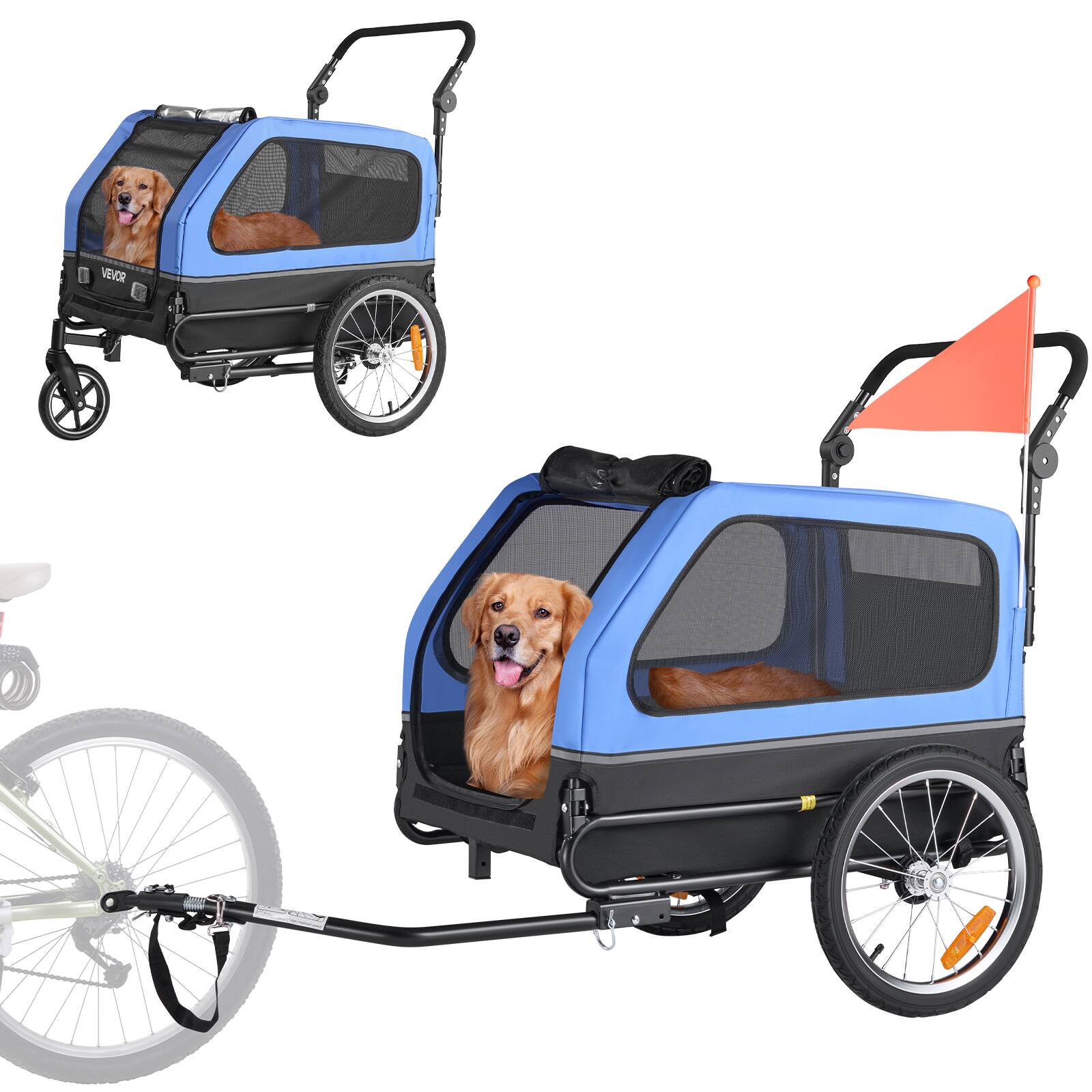 Alt View 5. VEVOR - Dog Bike Trailer, Supports up to 88 lbs, 2-in-1 Pet Stroller Cart Bicycle Carrier for Small & Large Dogs - Blue + Black.
