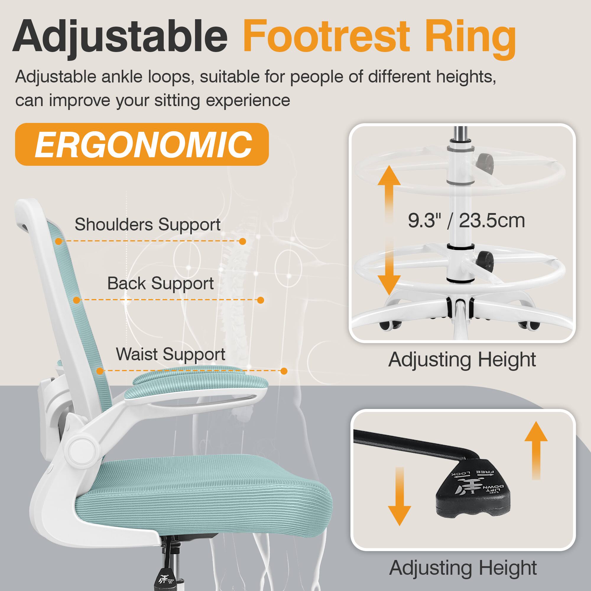 Adjustable Footrest Ring, Adjustable ankle loops, suitable for people of different heights, can improve your sitting experience, ERGONOMIC, Shoulders Support, Back Support, Waist Support, Adjusting Height, 9.3" / 23.5cm, Adjusting Height