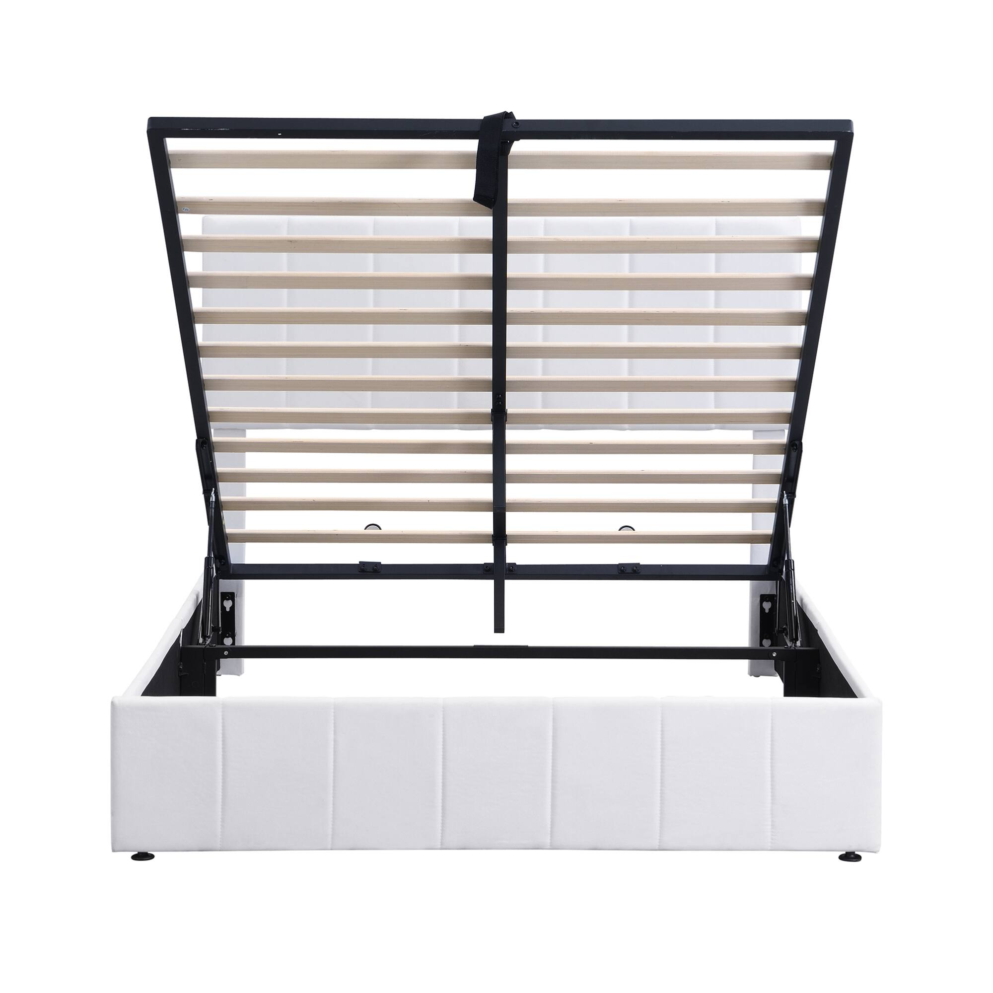 Alt View 5. GOODSILO - Full Size Upholstered Platform Bed with Hydraulic Storage System and Wooden Slat Support - White.