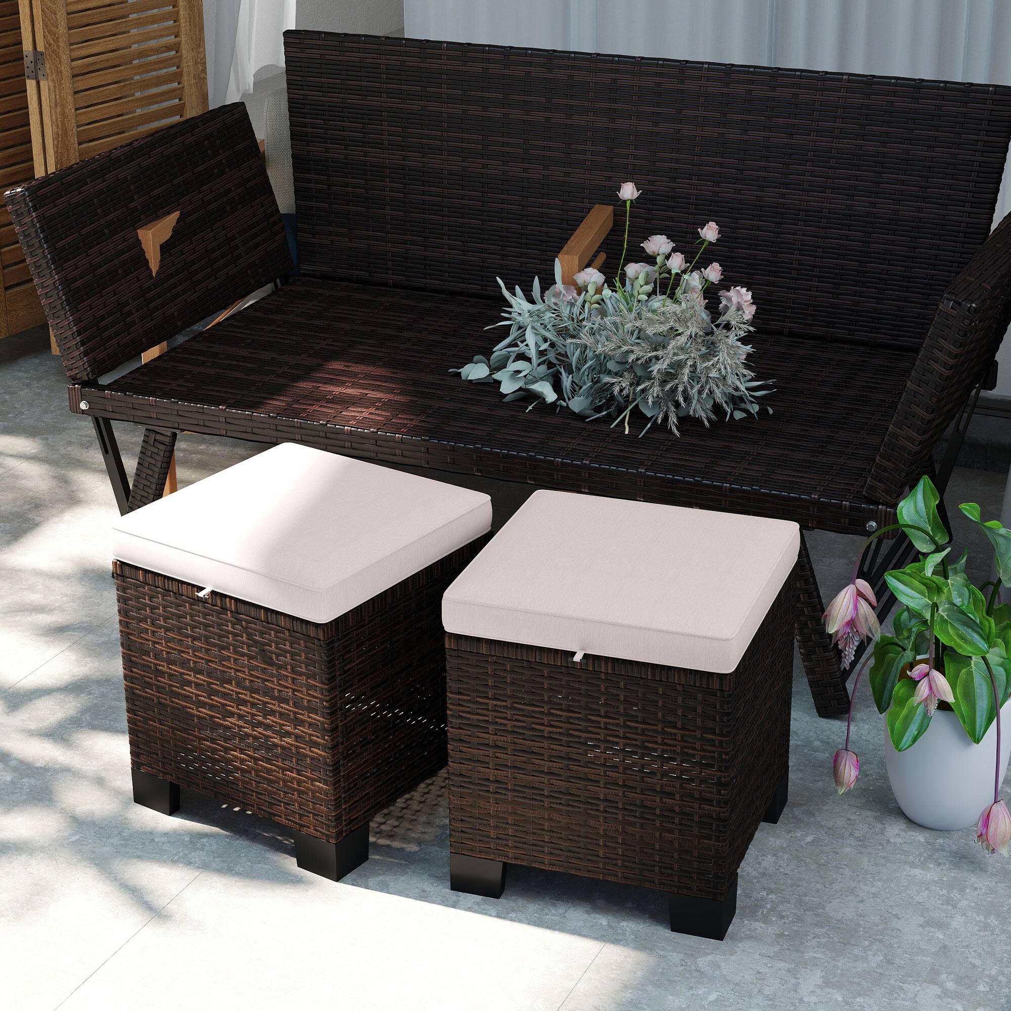 Alt View 1. Outsunny - Piece Wicker Outdoor Ottomans with Cushions, Rattan Ottoman Footrest and Side Table for Patio, Yard - Cream White.