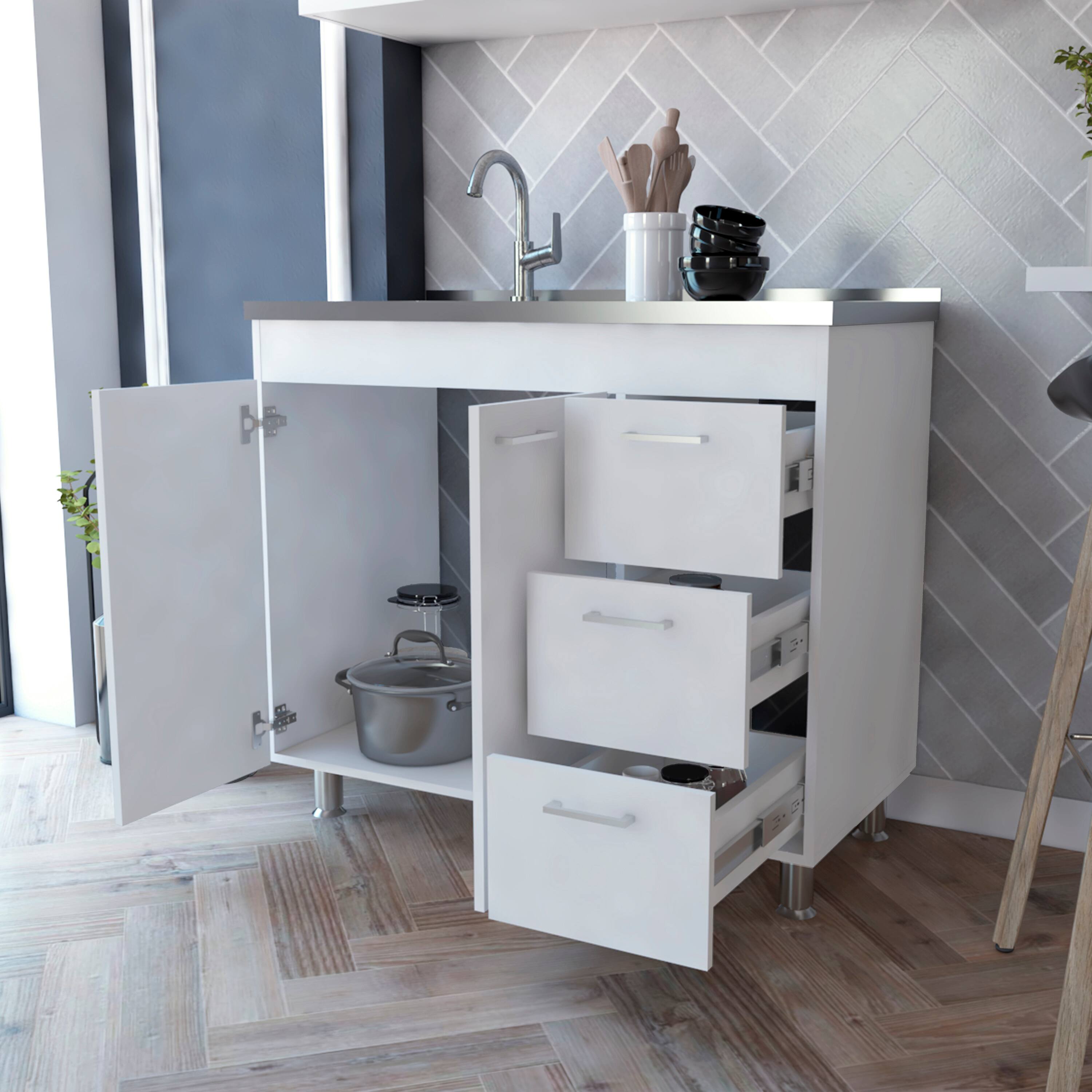 Back. TuHome - Ferretti Utility Sink With Three Drawers And Double Door Cabinet - White.