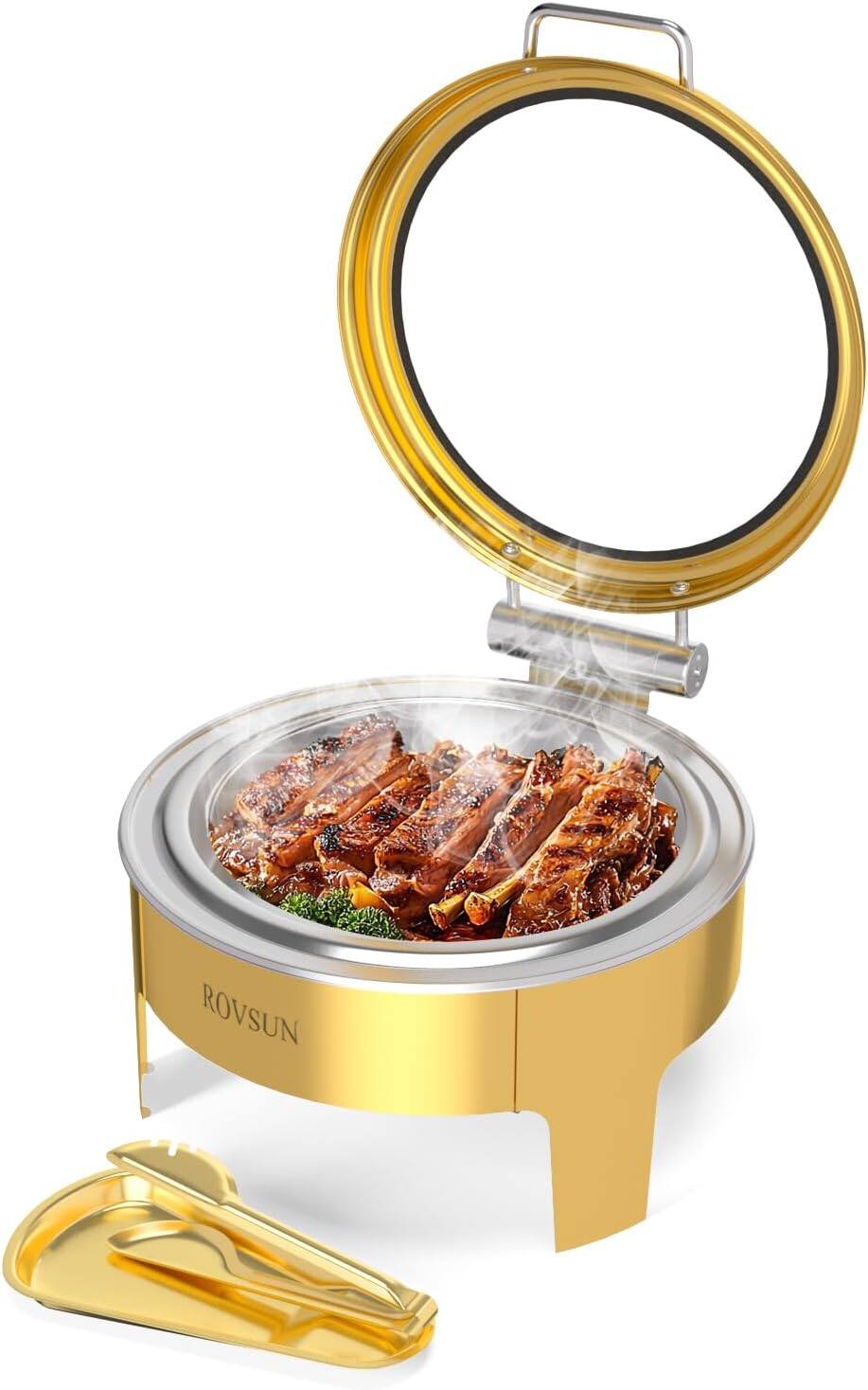 Front. Winado - 6QT Round Chafing Dishes Roll Top Chafing Dish Buffet Set with Hydraulic Glass Lid, Food Pan for Party, Hotel Breakfast - Gold.