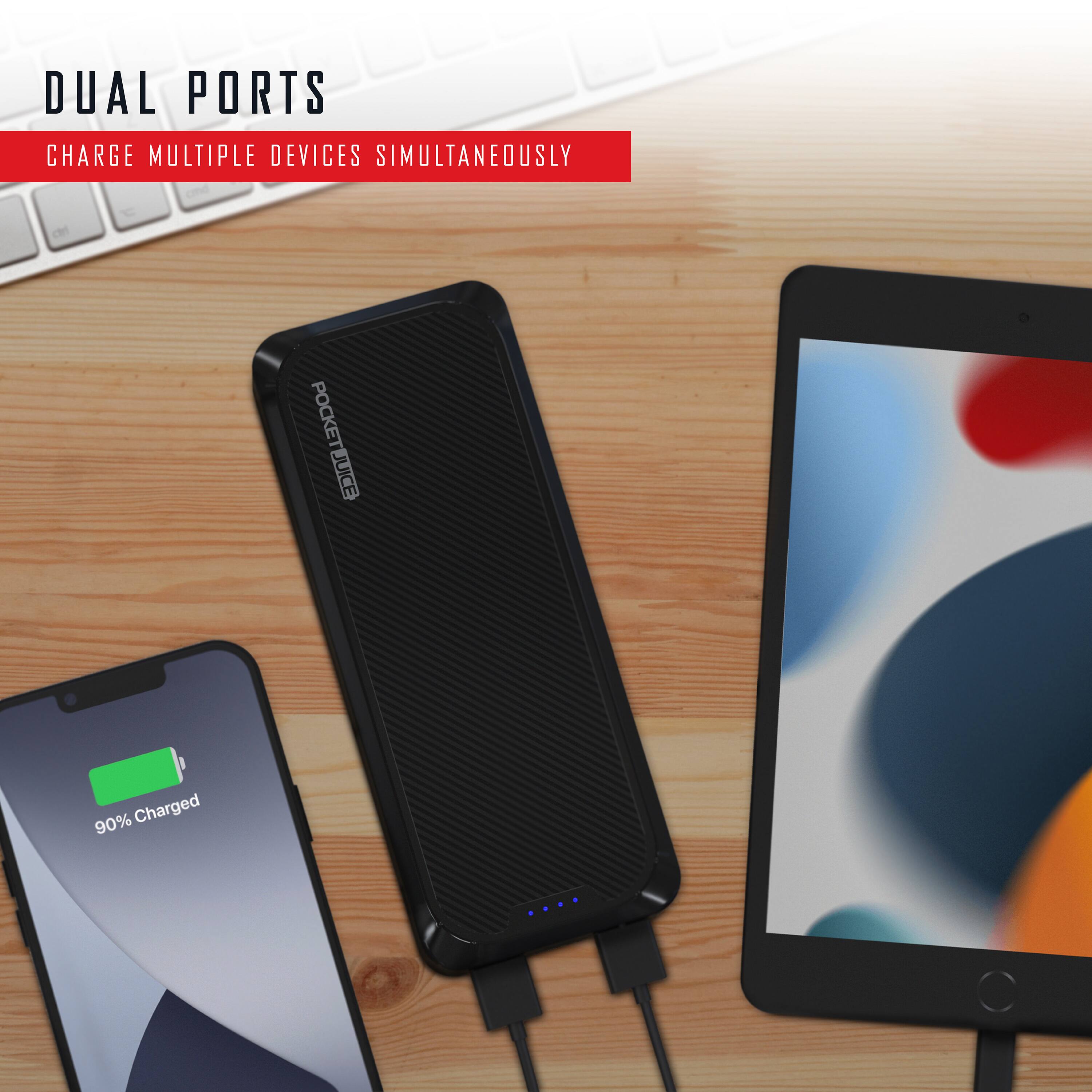 DUAL PORTS  
CHARGE MULTIPLE DEVICES SIMULTANEOUSLY  

POCKETJUICE  

90% Charged