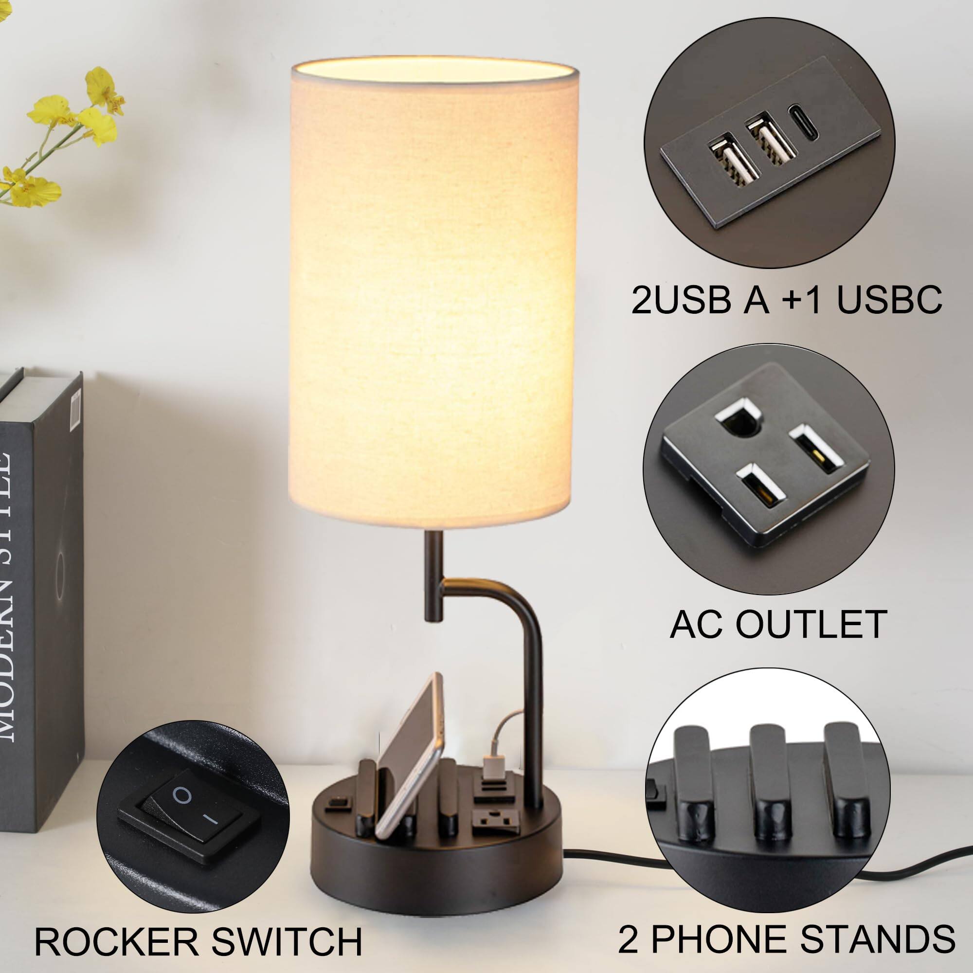 2 USB A + 1 USB-C  
AC Outlet  
Rocker Switch  
2 Phone Stands