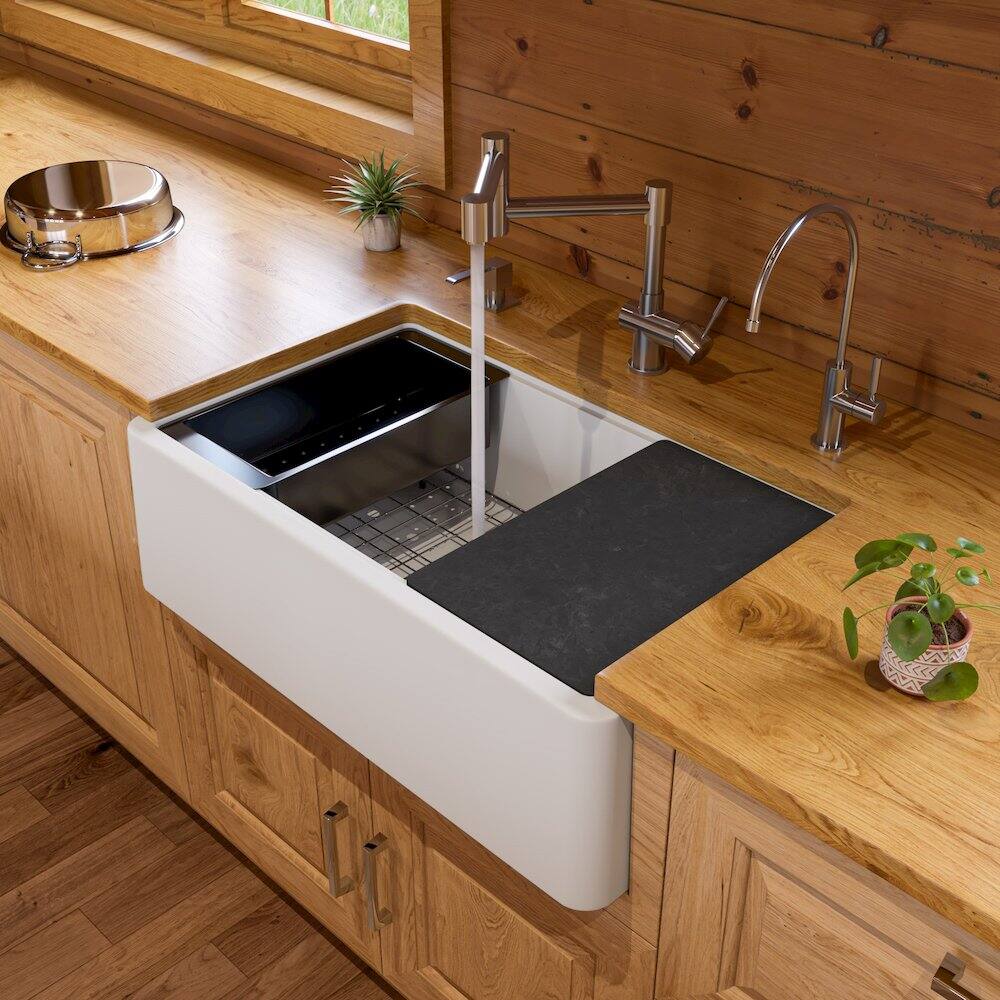 Angle. Alfi - White 33" Granite Composite Single Bowl Drop In Farm Sink with Accessories - White.