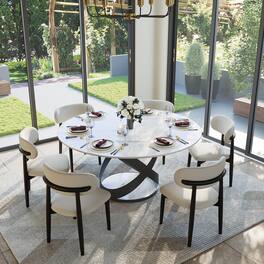 POVISON - 59" Modern Round White Glossy Dining Table for 6, Sintered Stone Tabletop with Black X Carbon Steel Base - White Glossy Sintered Stone with Black