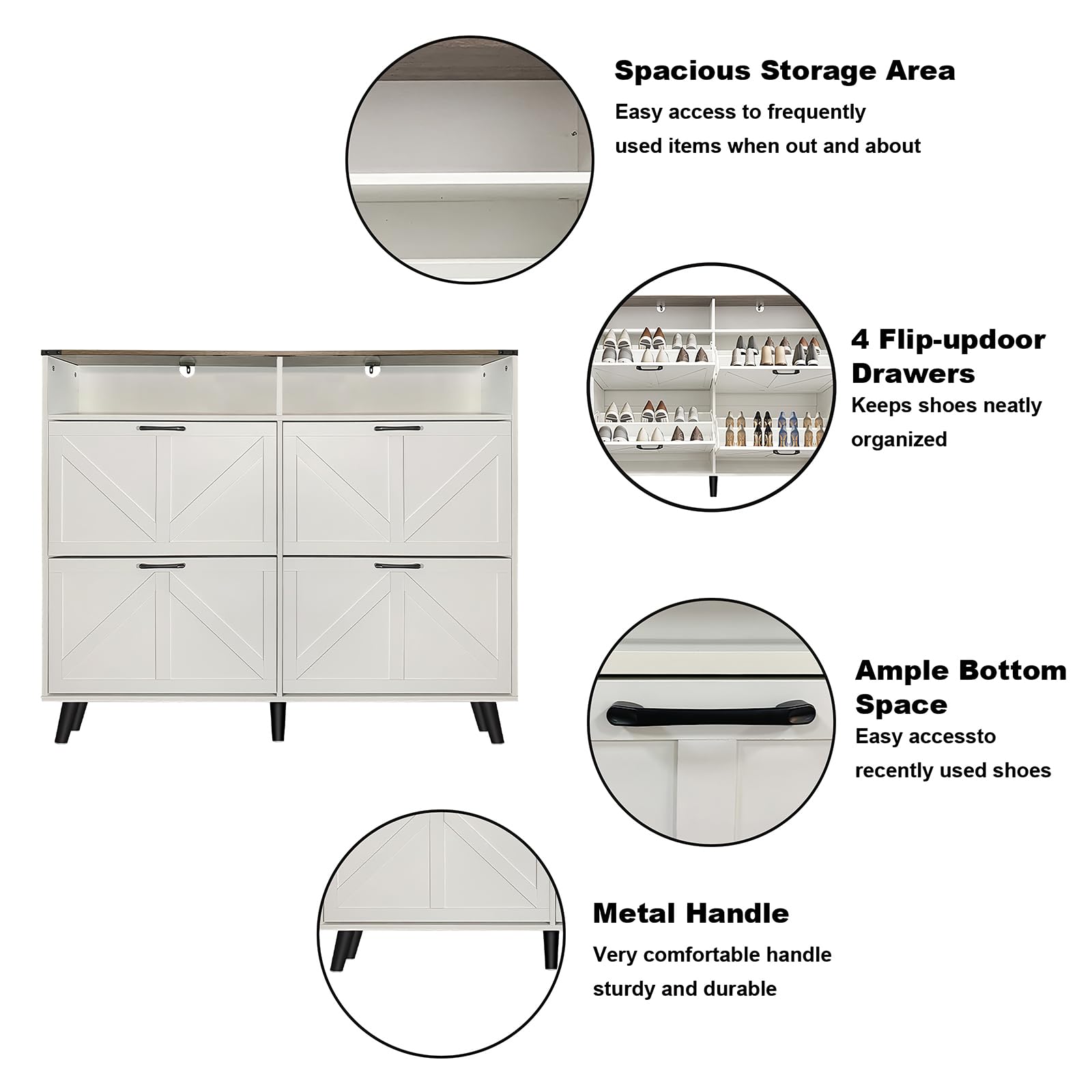 - Spacious Storage Area: Easy access to frequently used items when out and about
- 4 Flip-updoor Drawers: Keeps shoes neatly organized
- Ample Bottom Space: Easy access to recently used shoes
- Metal Handle: Very comfortable handle, sturdy and durable