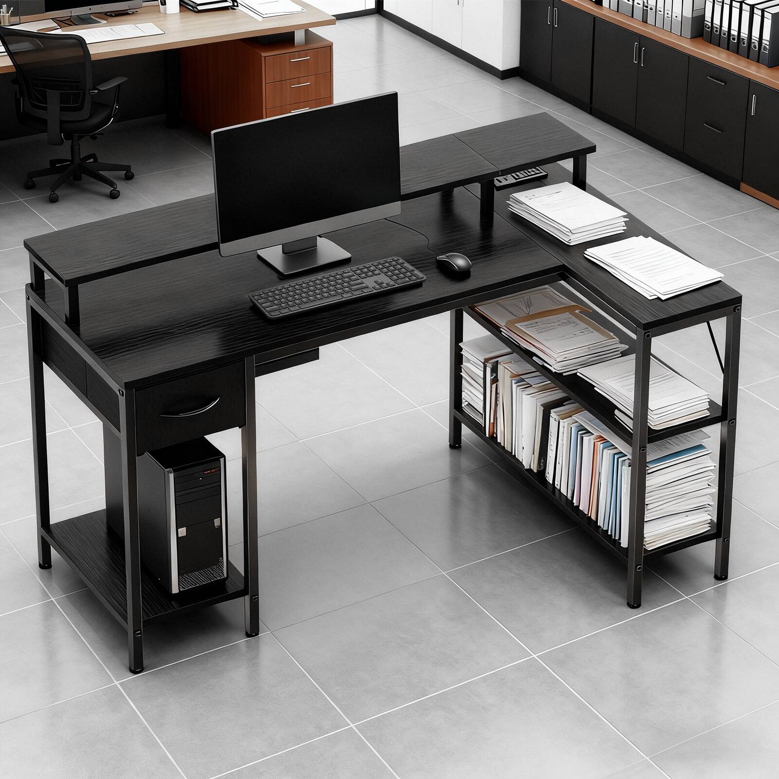 Left. AENKYO - 53" L-Shaped Gaming Desk with Power Outlets, Computer Desk, LED Lighting and Monitor Stand - Black.