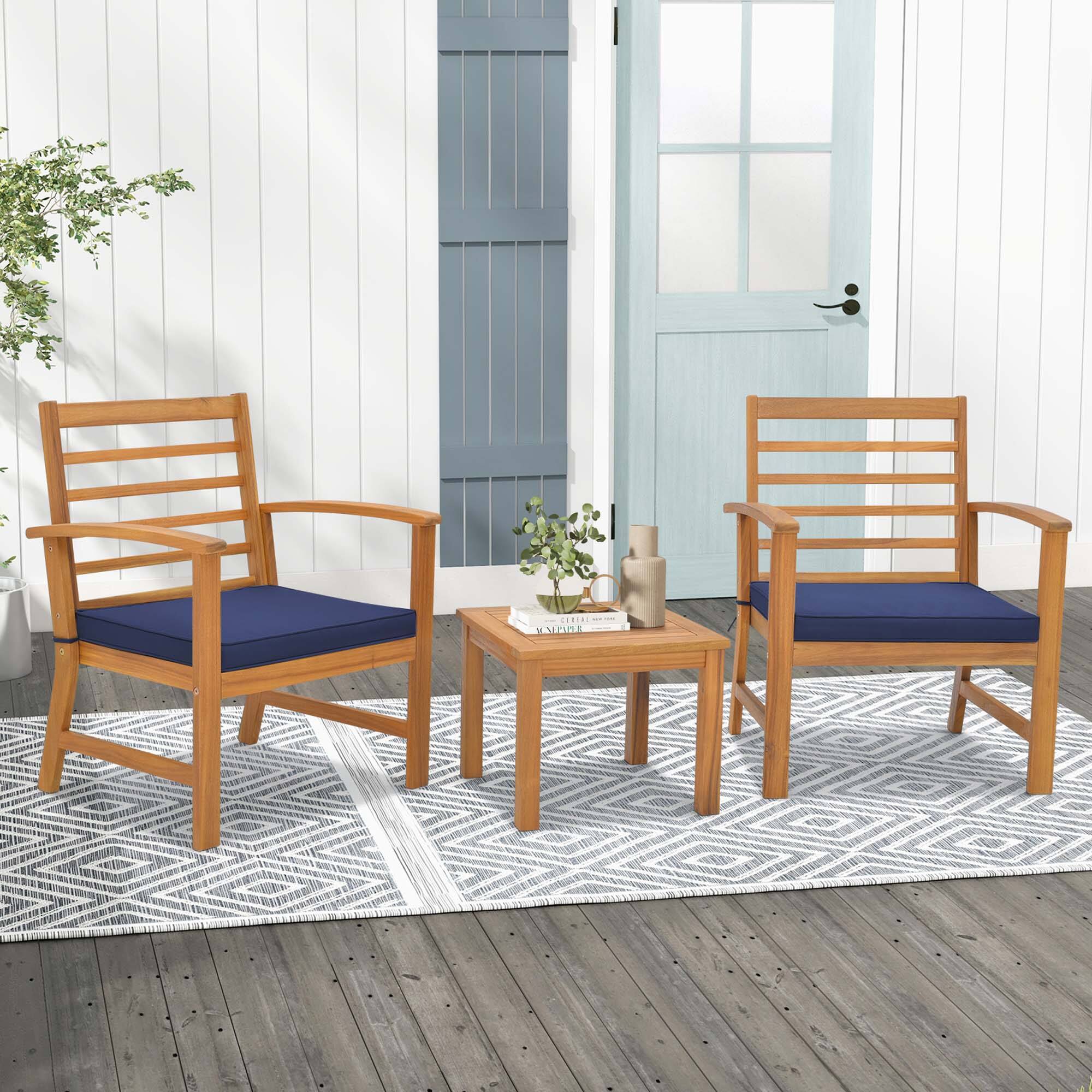 Alt View 3. Costway - Costway 3 PCS Outdoor Furniture Set Acacia Wood Conversation Set with Soft Seat Cushions - Navy.