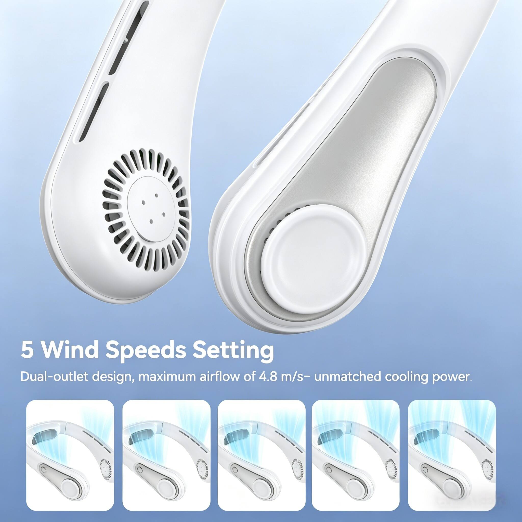 5 Wind Speeds Setting  
Dual-outlet design, maximum airflow of 4.8 m/s - unmatched cooling power.