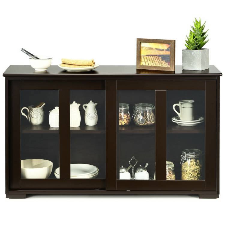 Back. Hivvago - Brown Wood Buffet Kitchen Dining Sideboard Storage Cabinet w/ Glass Sliding Door - Brown.