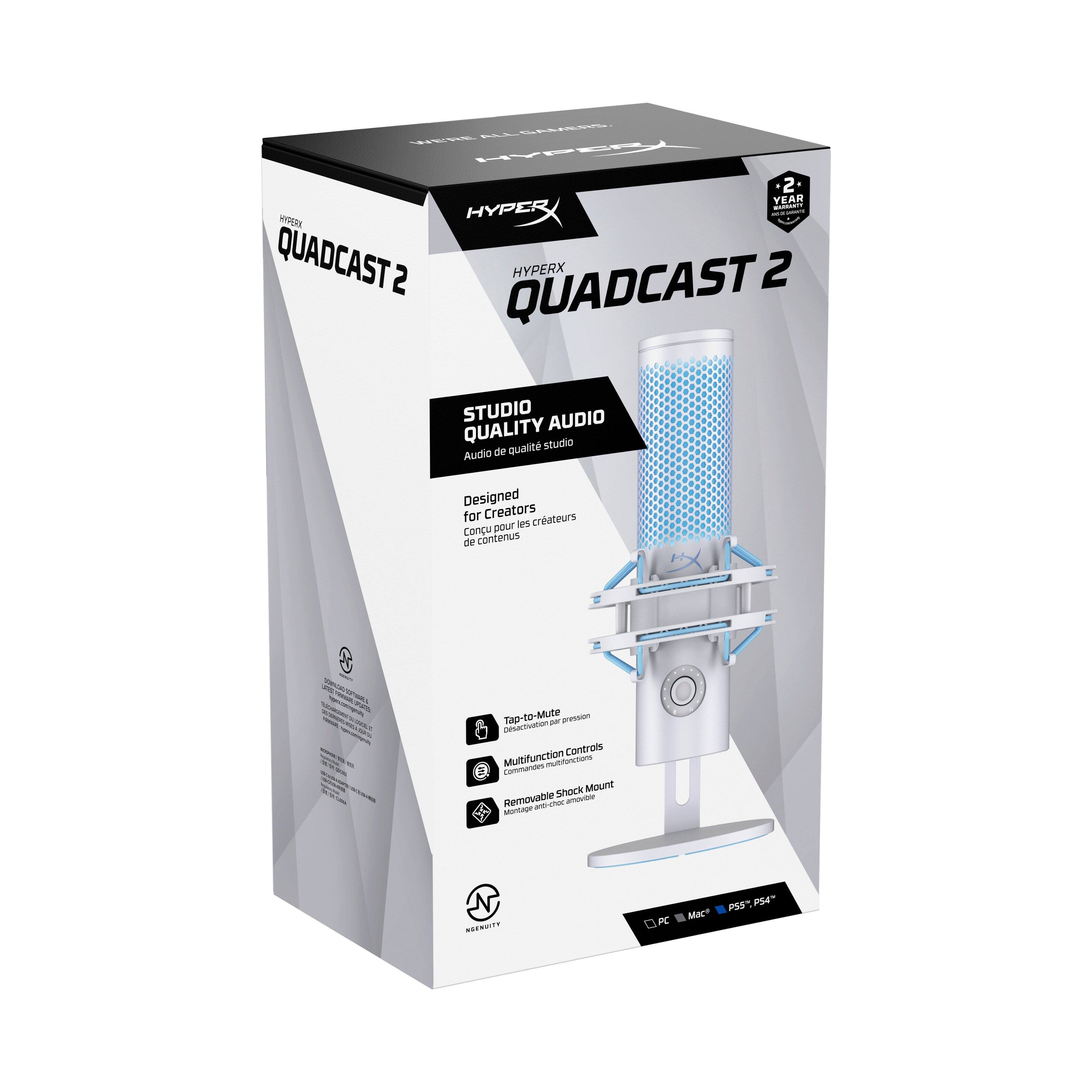 The text on the image is grouped and corrected as follows:

"HyperX QuadCast 2 Studio Audio Quality Designed for Creators - Tap-to-Mute - Noise-Cancellation - Multifunctional - Removable Shock Mount - Mute Button - USB-C - 3.5mm Headphone Jack - RGB Lighting - Detachable Cable - Compatible with PC, Mac, and PS4."