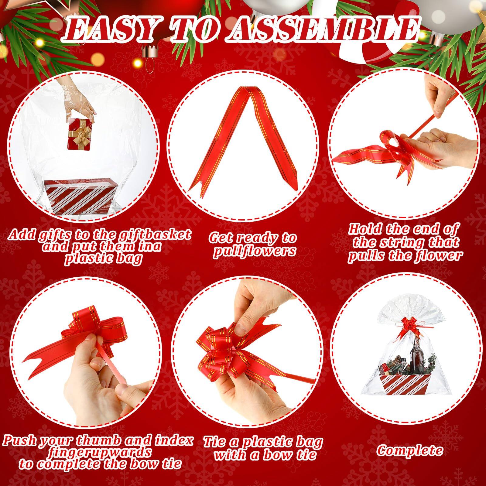 Sure, here is the corrected and grouped text from the image:

---

**EASY TO ASSEMBLE**

1. **Add gifts to the giftbasket and put them in a plastic bag**
2. **Get ready to pull flowers**
3. **Hold the end of the string that pulls the flower**
4. **Push your thumb and index finger upwards to complete the bow tie**
5. **Tie a plastic bag with a bow tie**
6. **Complete**

---
