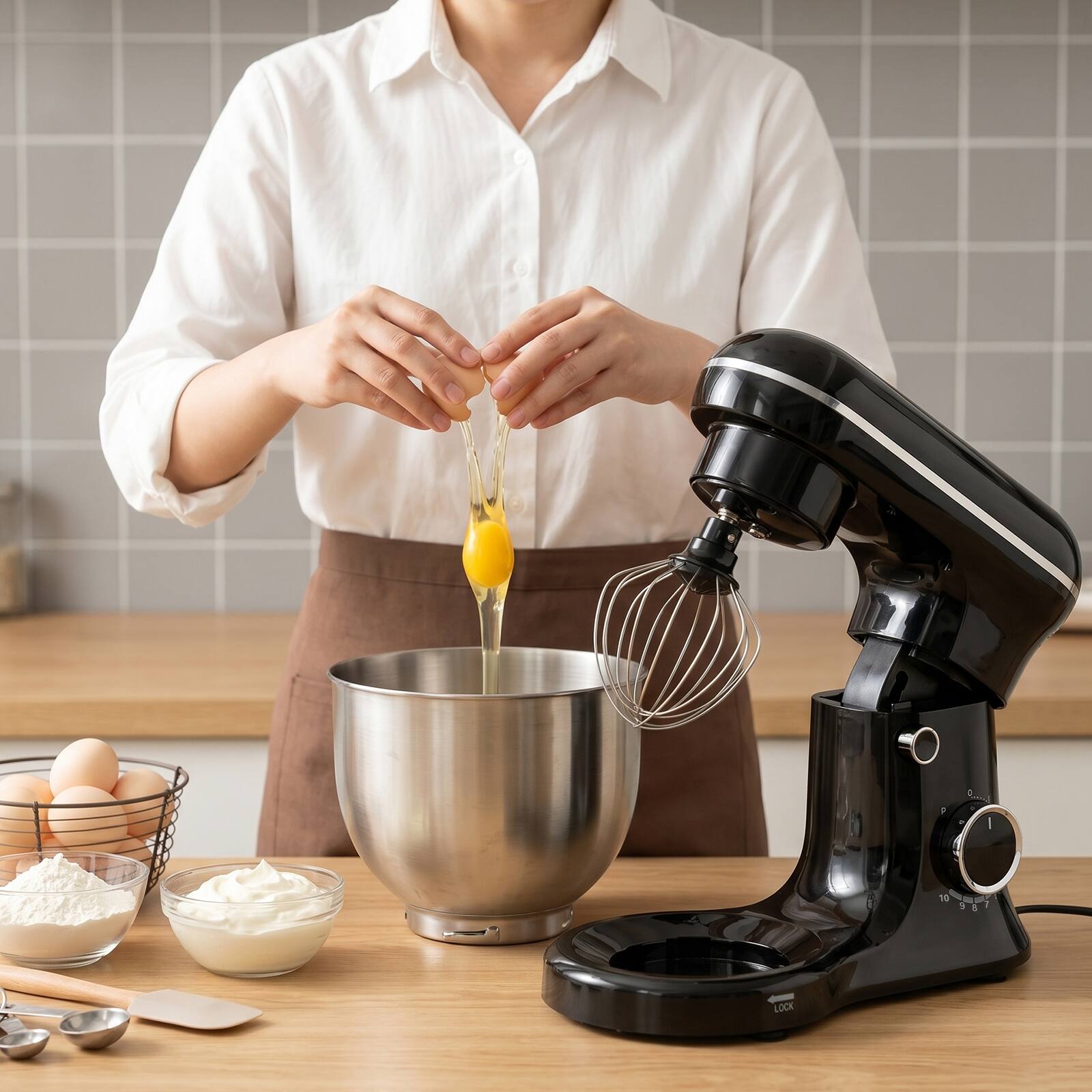 Alt View 4. Topteng - 5.5Qt Stand Mixer with 10 Speeds - Pure Copper Motor, Tilt-Head, Includes Dough Hook, Beater & Whisk - White.