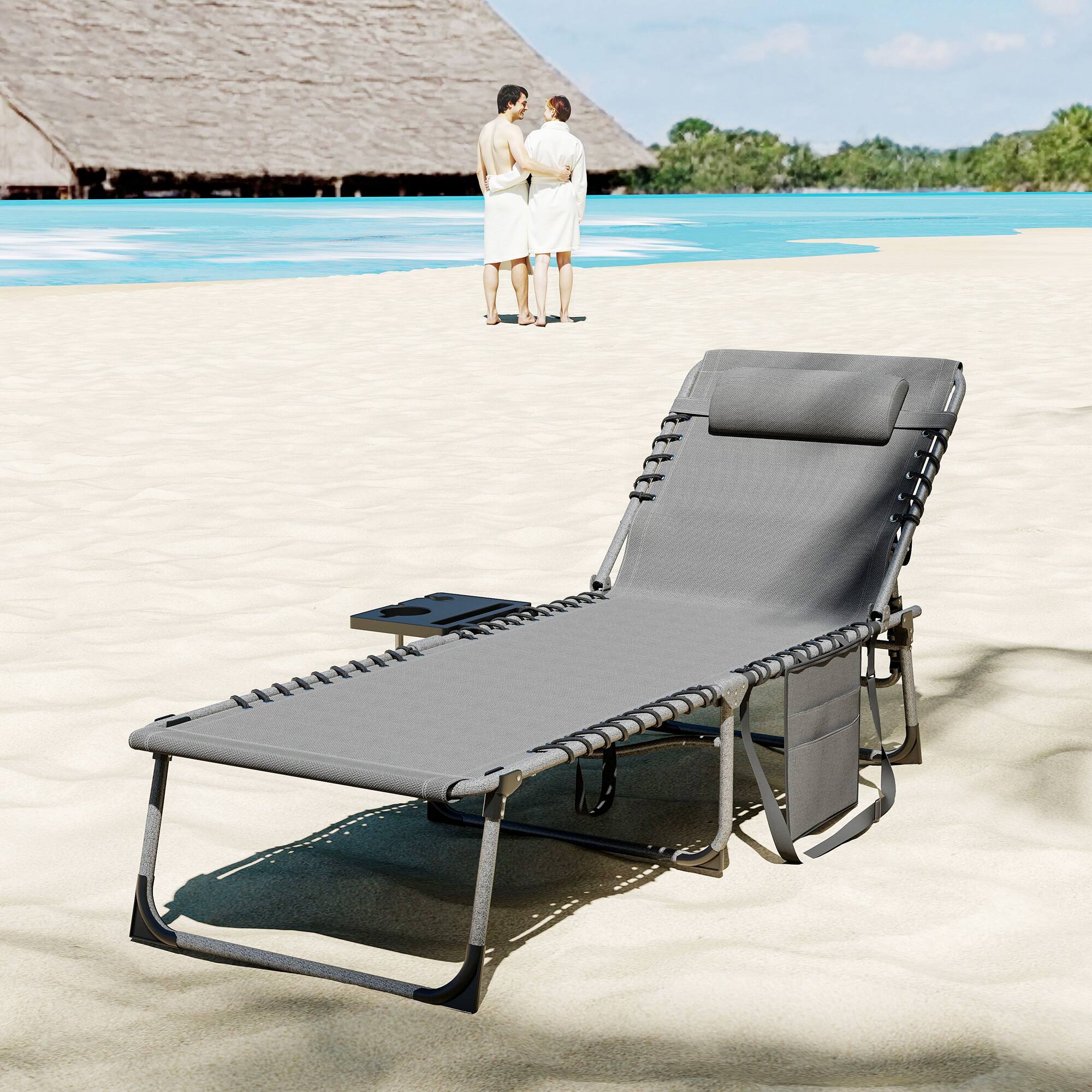 Alt View 7. Outsunny - Folding Chaise Lounge Chair Outdoor Tanning Chair with Side Table, 5-Level Adjustable Beach Lounge Chair with Headrest - Gray.