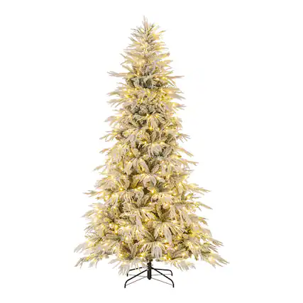 Front. WELLFOR - 8 ft Pre‑Decorated Artificial Christmas Tree, Snow‑Flocked Hinged Xmas Tree with 1108 PE‑PVC Branch Tips - White & Green.