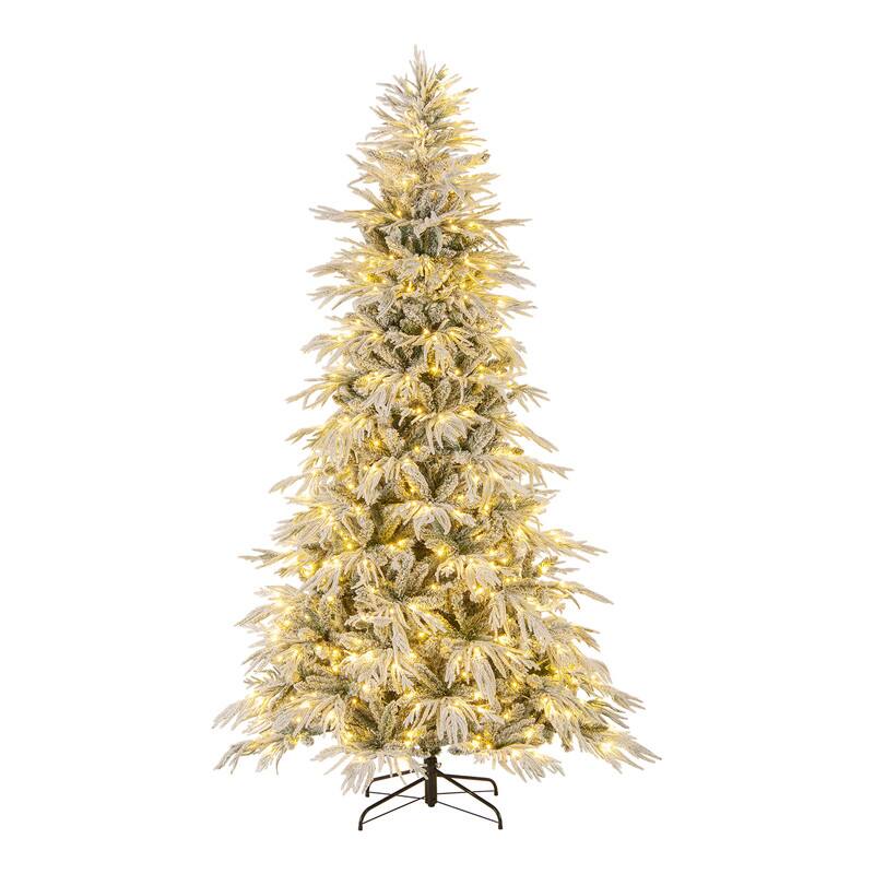 Front. WELLFOR - 8 ft Pre‑Decorated Artificial Christmas Tree, Snow‑Flocked Hinged Xmas Tree with 1108 PE‑PVC Branch Tips - White & Green.