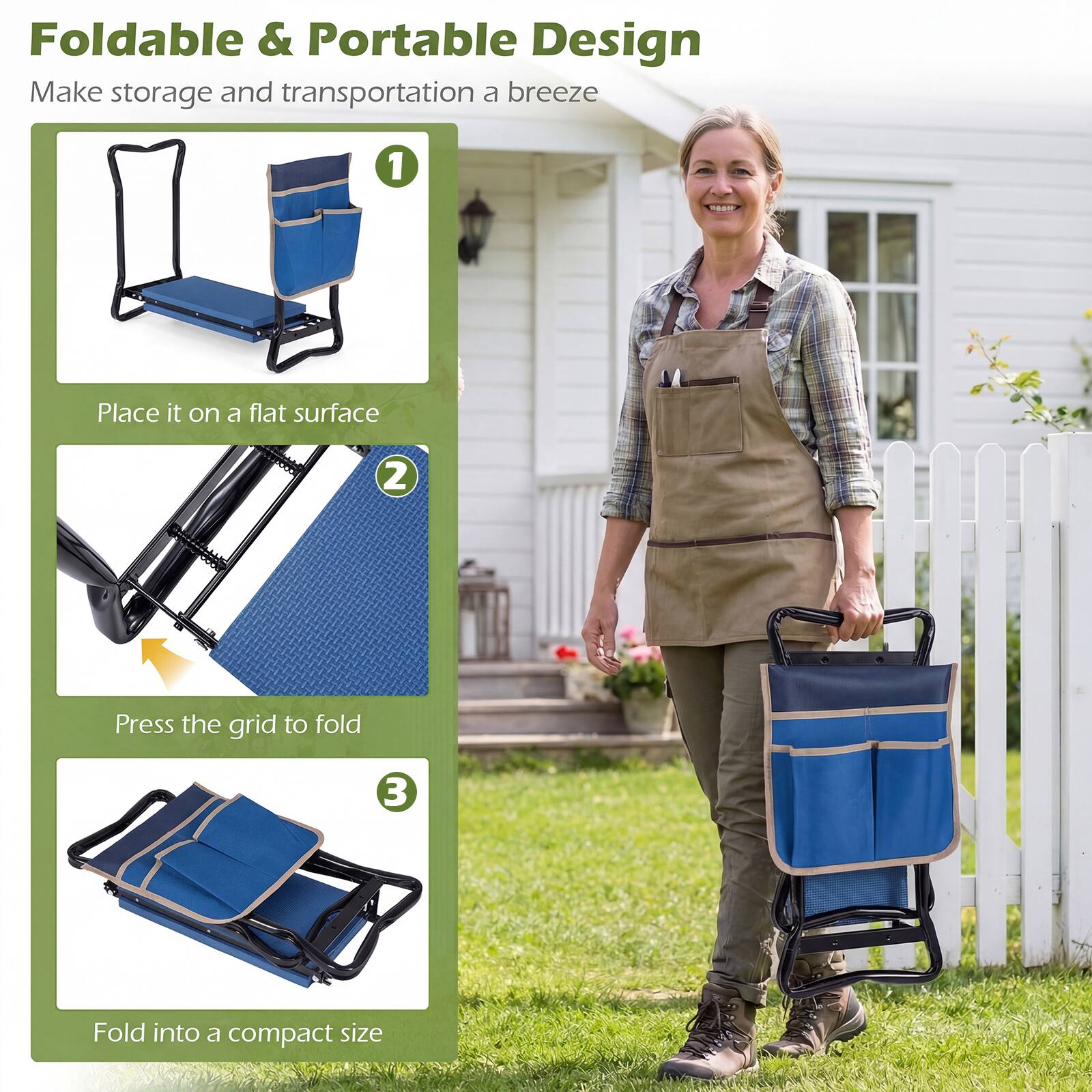 Foldable & Portable Design  
Make storage and transportation a breeze  

1. Place it on a flat surface  
2. Press the grid to fold  
3. Fold into a compact size