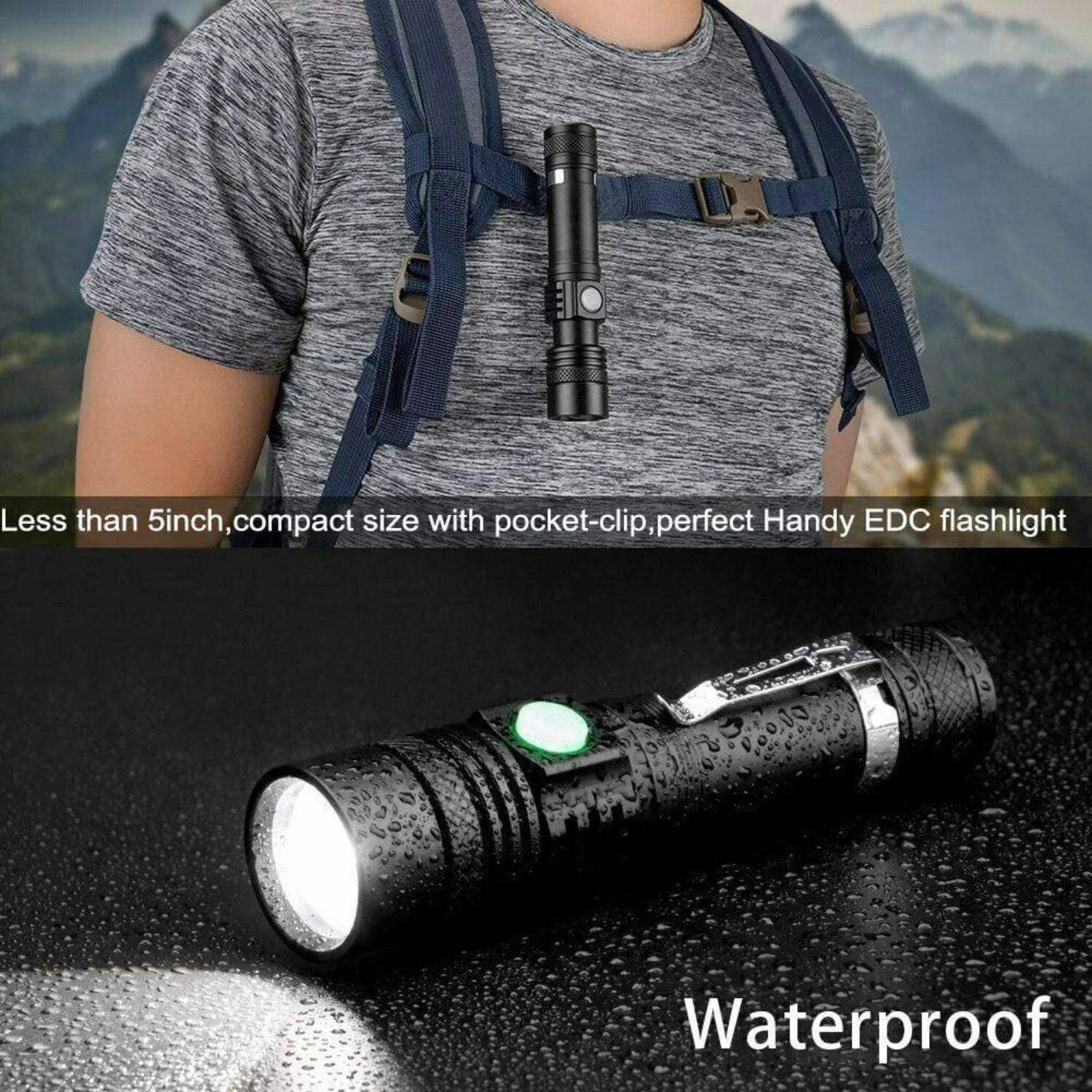 Less than 5 inch, compact size with pocket-clip, perfect Handy EDC flashlight & Waterproof