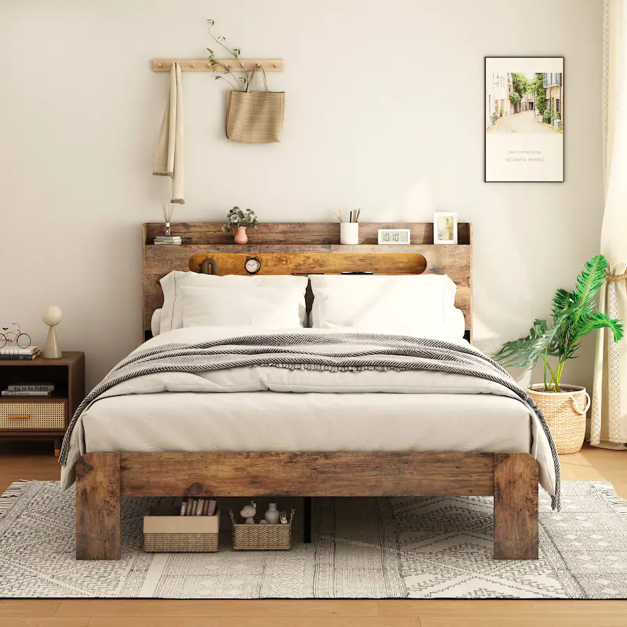 Simple Style Frame Anysun King Size Wood Platform Bed Frame with Storage, LED Light ...