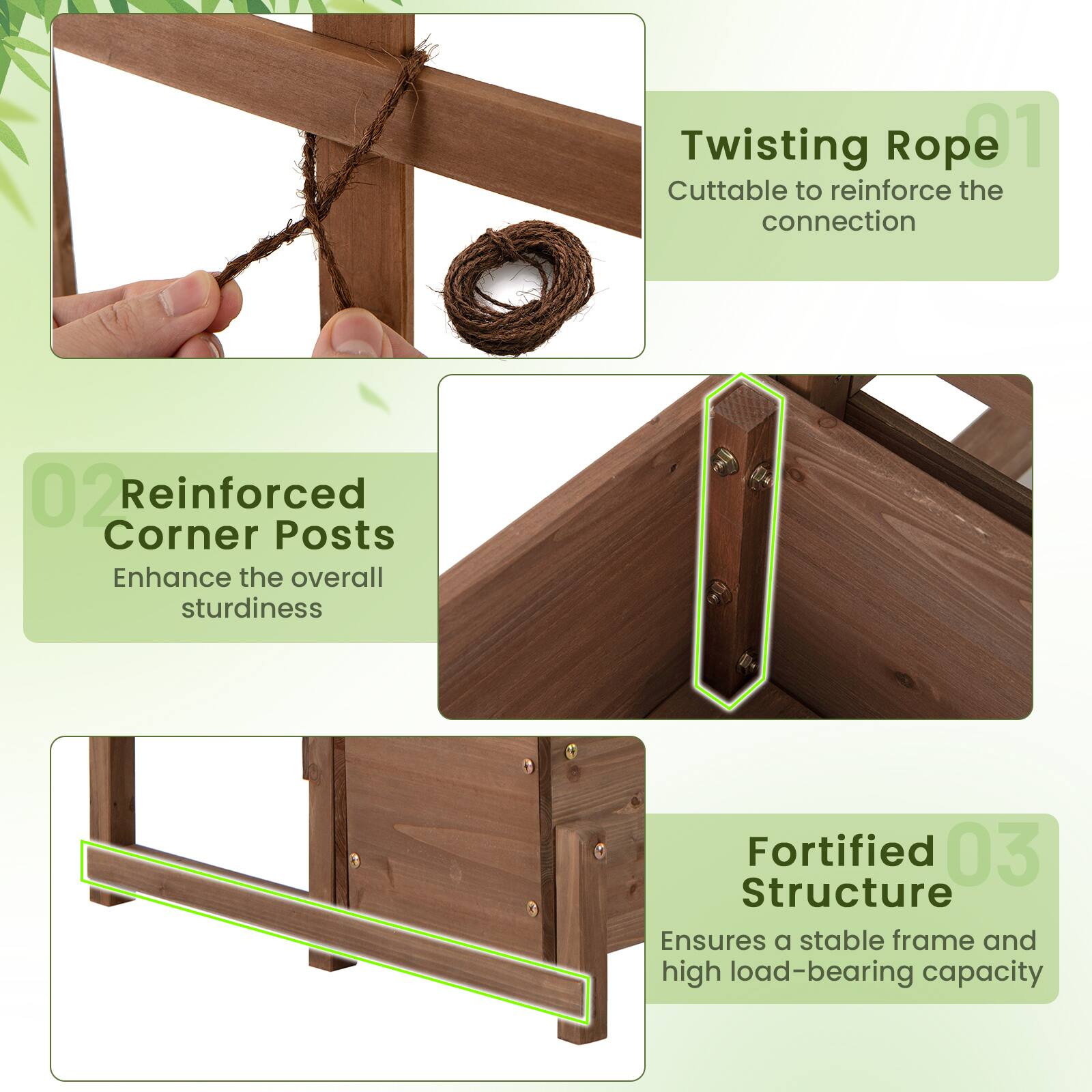 1. Twisting Rope  
   Cuttable to reinforce the connection

2. Reinforced Corner Posts  
   Enhance the overall sturdiness

3. Fortified Structure  
   Ensures a stable frame and high load-bearing capacity