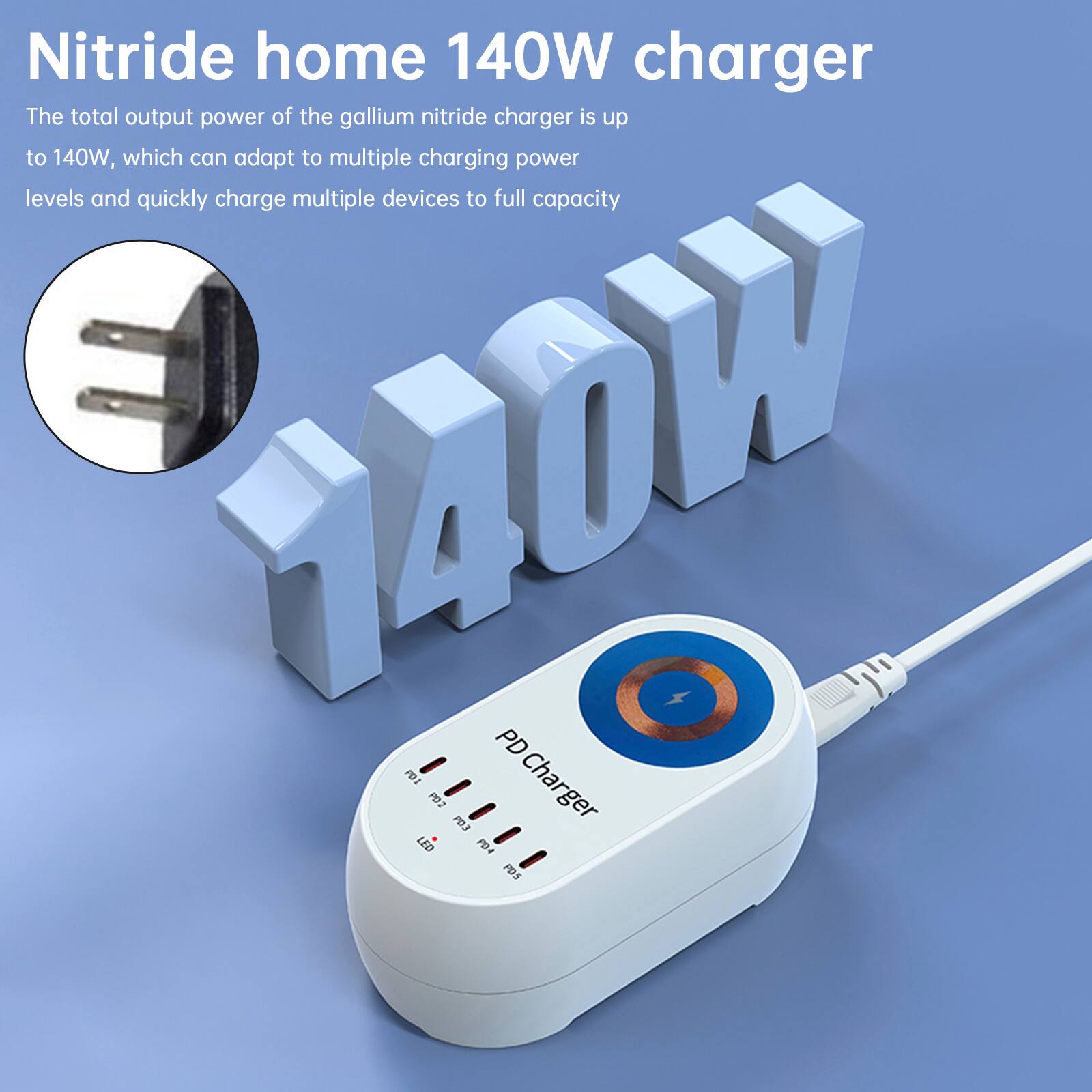 Nitride home 140W charger

The total output power of the gallium nitride charger is up to 140W, which can adapt to multiple charging power levels and quickly charge multiple devices to full capacity.