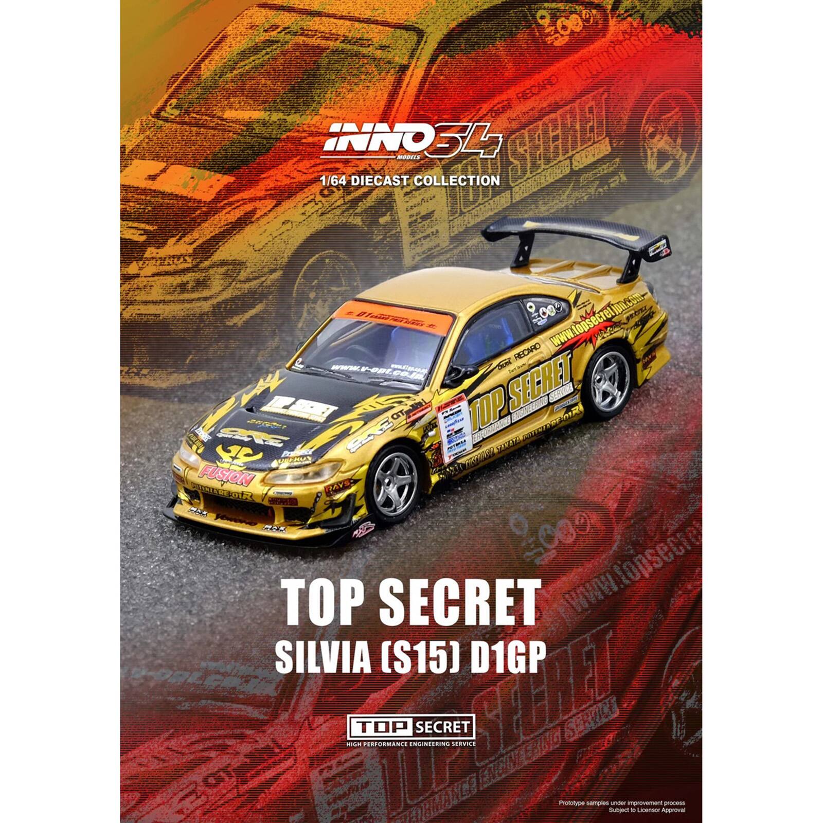www.topsecret.com  
INNOBL  
RECARD  
SECKED  
ME0LS  
1/64 DIECAST COLLECTION  
casafee 5 AS - 200  
JOn.CON  
PRE al  
www.topsecret.com  
RECARD - ven a Doet  
TOP SECRET 204 - R  
Gga S S SPOA  
MA  
ON5 1T/06  
GOENIEU  
FUSION  
RIAVER TA - PA R  
0g  
TOP SECRET  
www.topsecret.com  
SILVIA (S15) D1GP  
TOP PERFORMANCE ENGINEERING  
SECRET  
SERVINE ENGINEERING SERVICE  
E JUr  
Prototype samples under improvement process  
Subject to Leson Approval