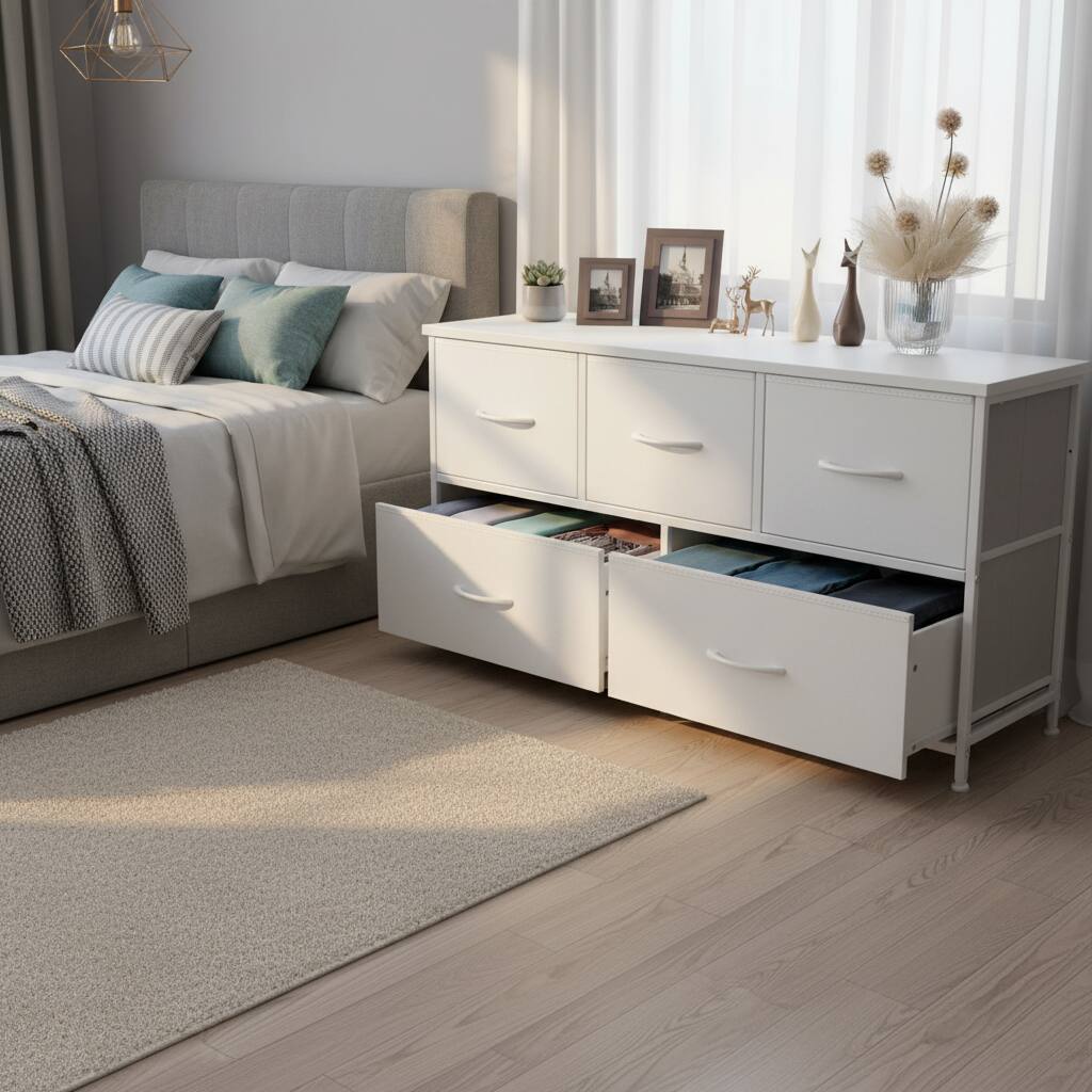 Angle. AOITUN - Dresser for Bedroom with 5 Storage Drawers - Ideal Temporary Clothes Dresser & TV Stand - White.
