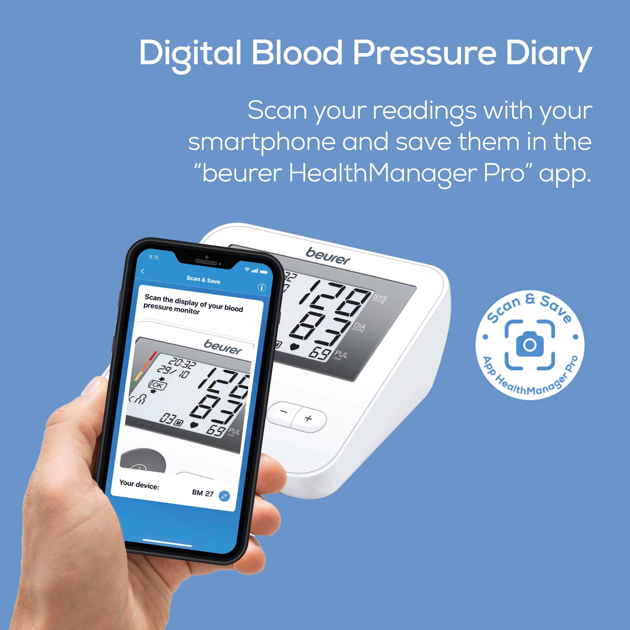 Digital Blood Pressure Diary

Scan your readings with your smartphone and save them in the "beurer HealthManager Pro" app.

Scan the display of your blood pressure monitor.

Your device: BM 27