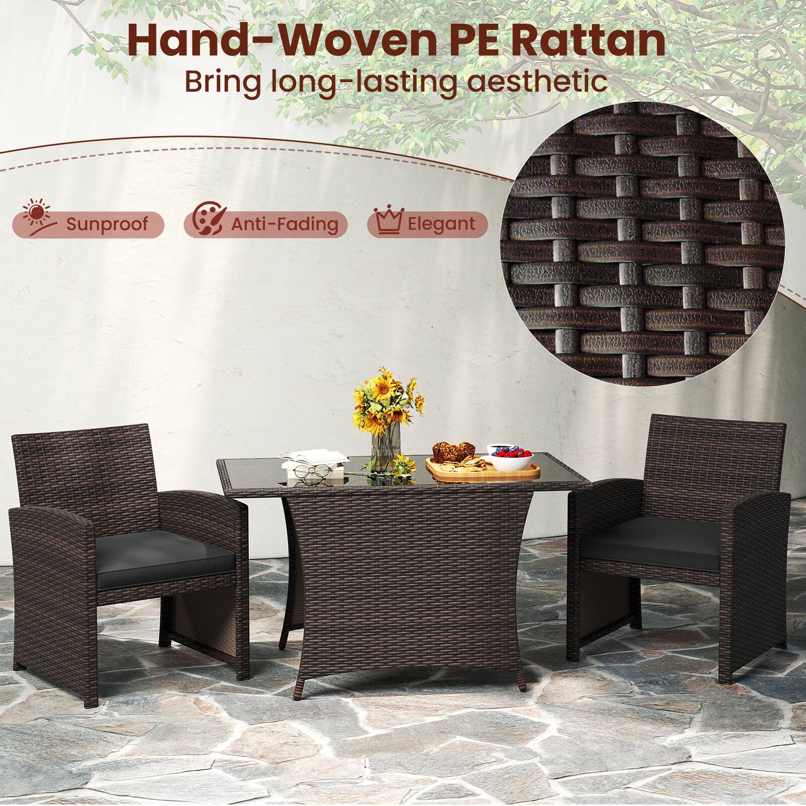 Hand-Woven PE Rattan brings long-lasting aesthetic, sunproof, anti-fading, and elegant features to the outdoor setting.