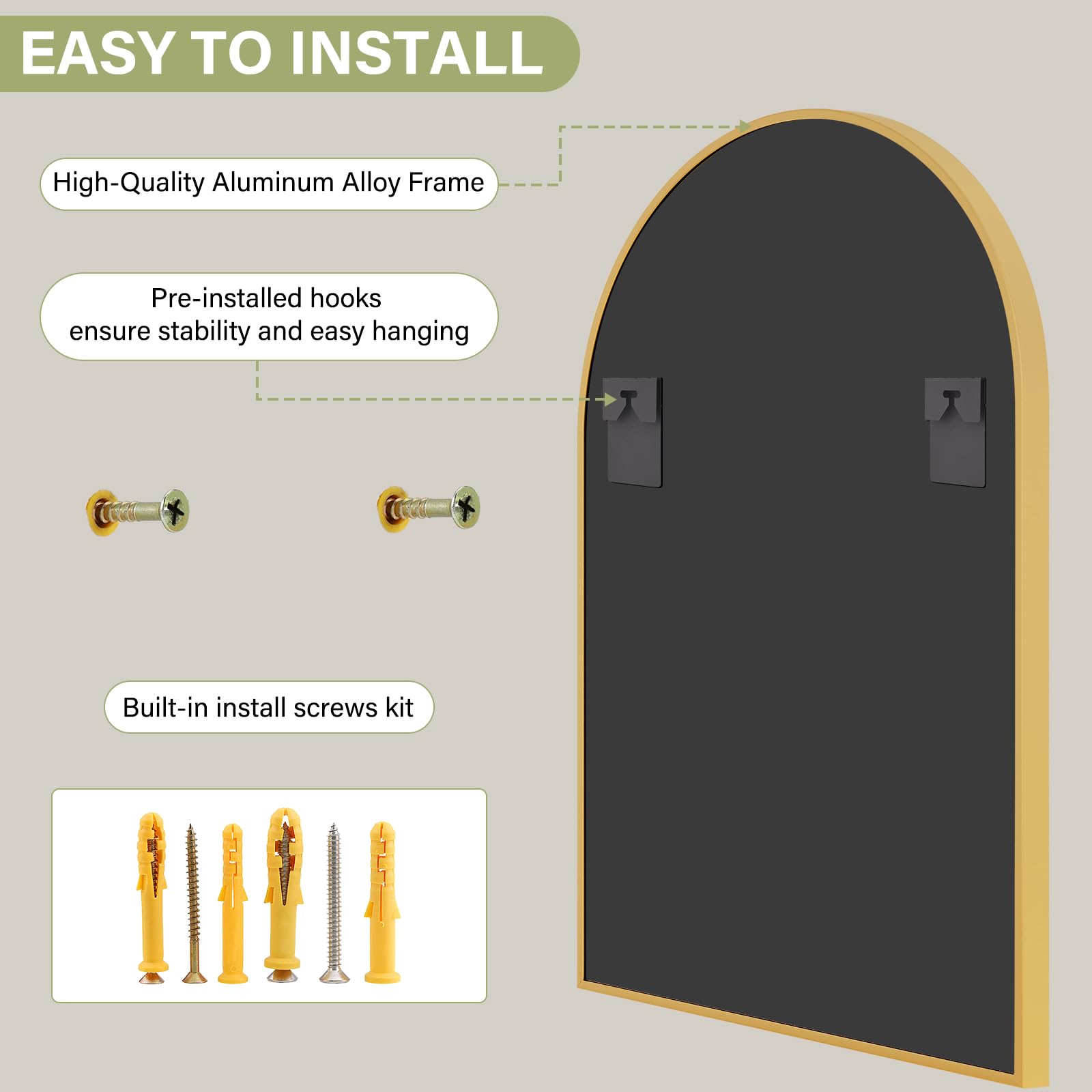 EASY TO INSTALL

- High-Quality Aluminum Alloy Frame
- Pre-installed hooks ensure stability and easy hanging
- Built-in install screws kit