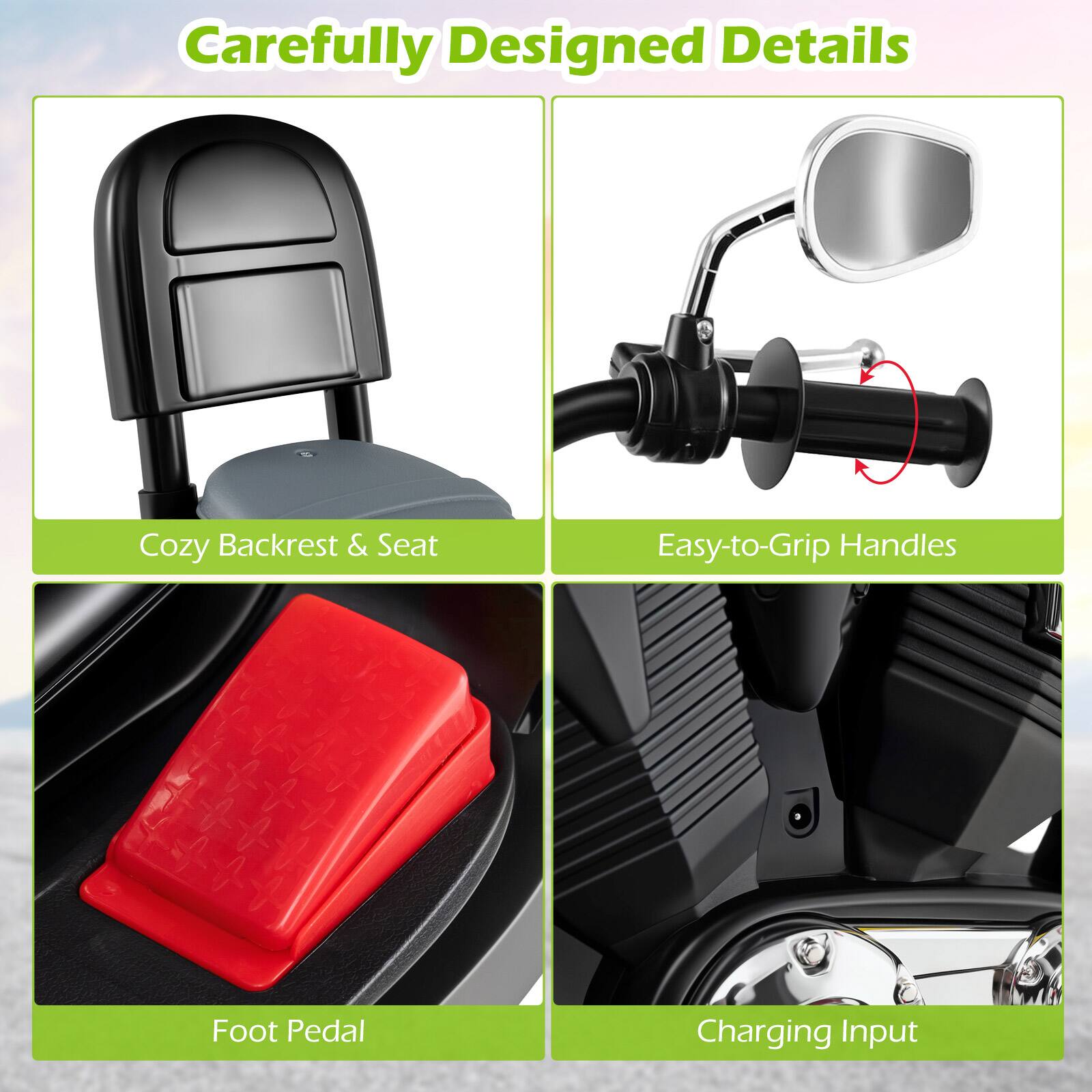 Carefully Designed Details

Cozy Backrest & Seat

Easy-to-Grip Handles

Foot Pedal

Charging Input