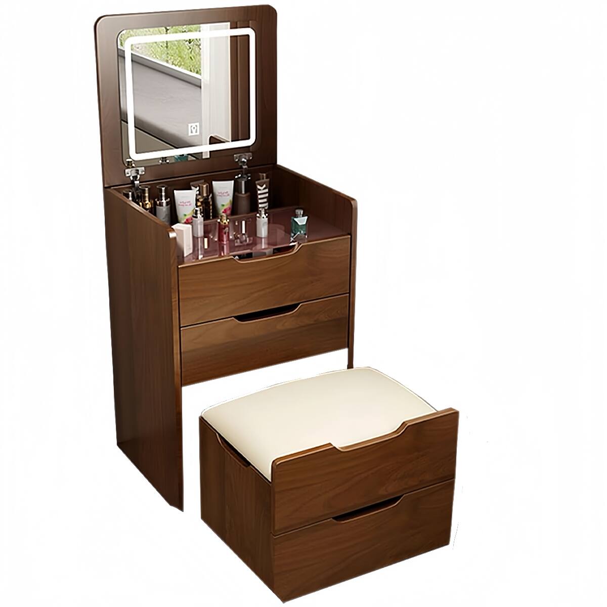 Back. Loheer - Loheer Walnut Makeup Vanity Table, 3 Drawer Desk with Flip Top Lighted Mirror, Glass Top, Mid Century Modern - Walnut.