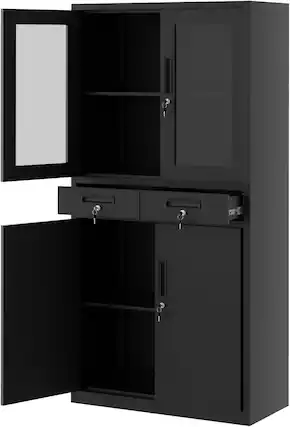 Front. Acekool - 71" Black Metal Storage Cabinet, 2 Drawers + 2 Adjustable Shelves.