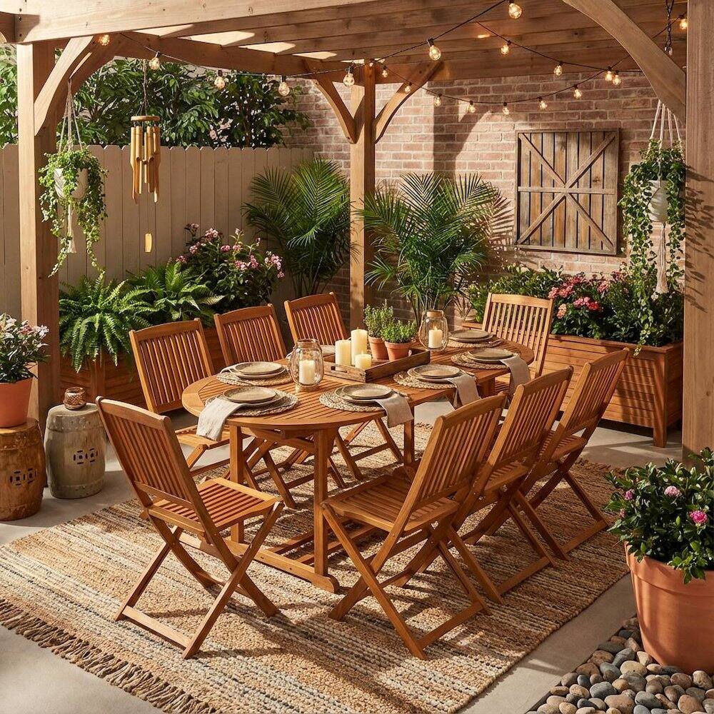 Alt View 3. Outdoor Escape - Oil-Finished Wooden Patio Dining Table with 8 Outdoor Side Chairs - Brown.