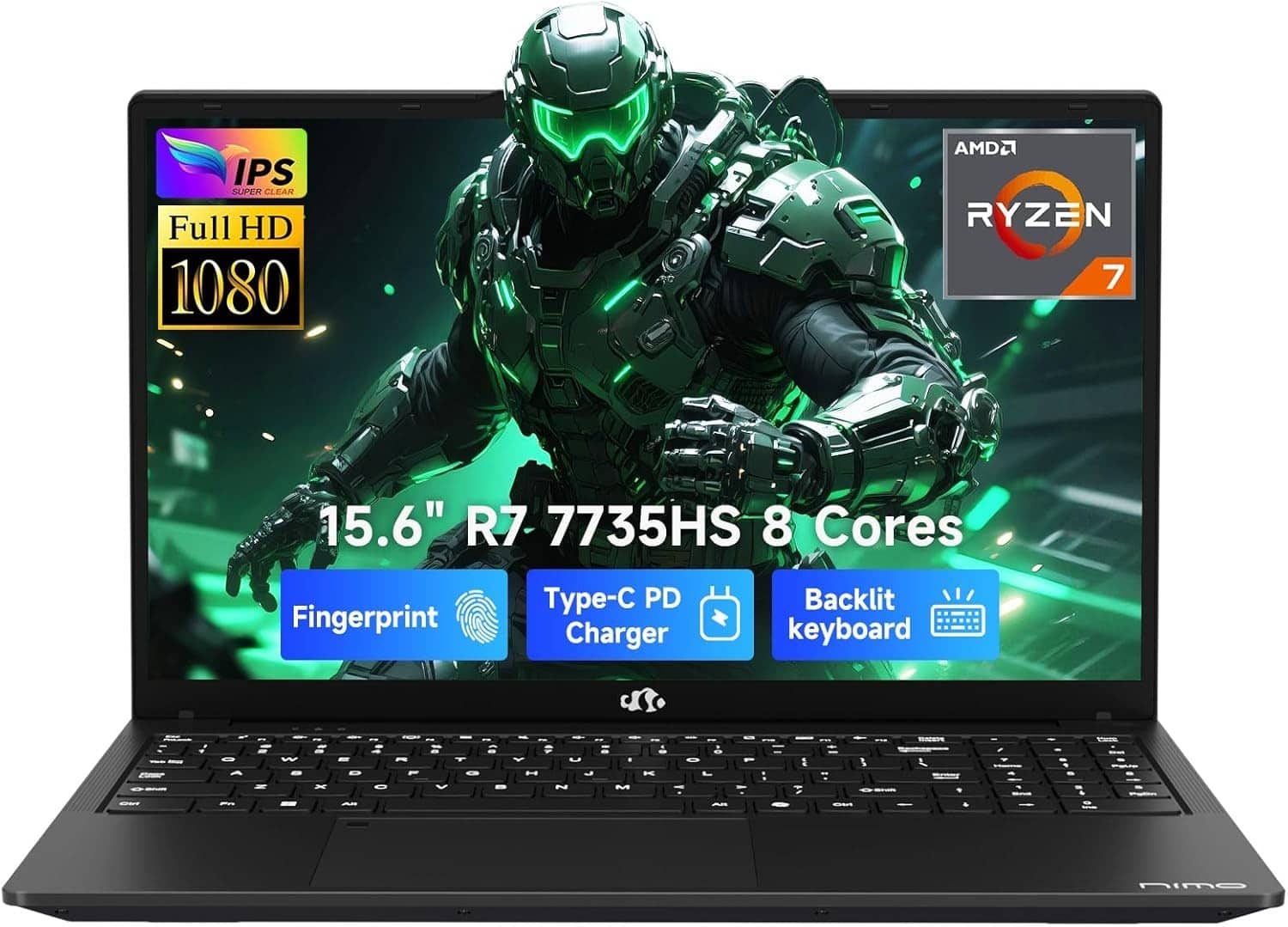 NIMO - 15.6" IPS FHD Gaming-Laptop, AMD 8 Cores Ryzen 7 7735HS 16GB DDR5 RAM 512GB SSD 4.75GHz - Black