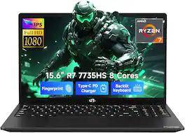 NIMO - 15.6" IPS FHD Gaming-Laptop, AMD 8 Cores Ryzen 7 7735HS 16GB DDR5 RAM 512GB SSD 4.75GHz - Black