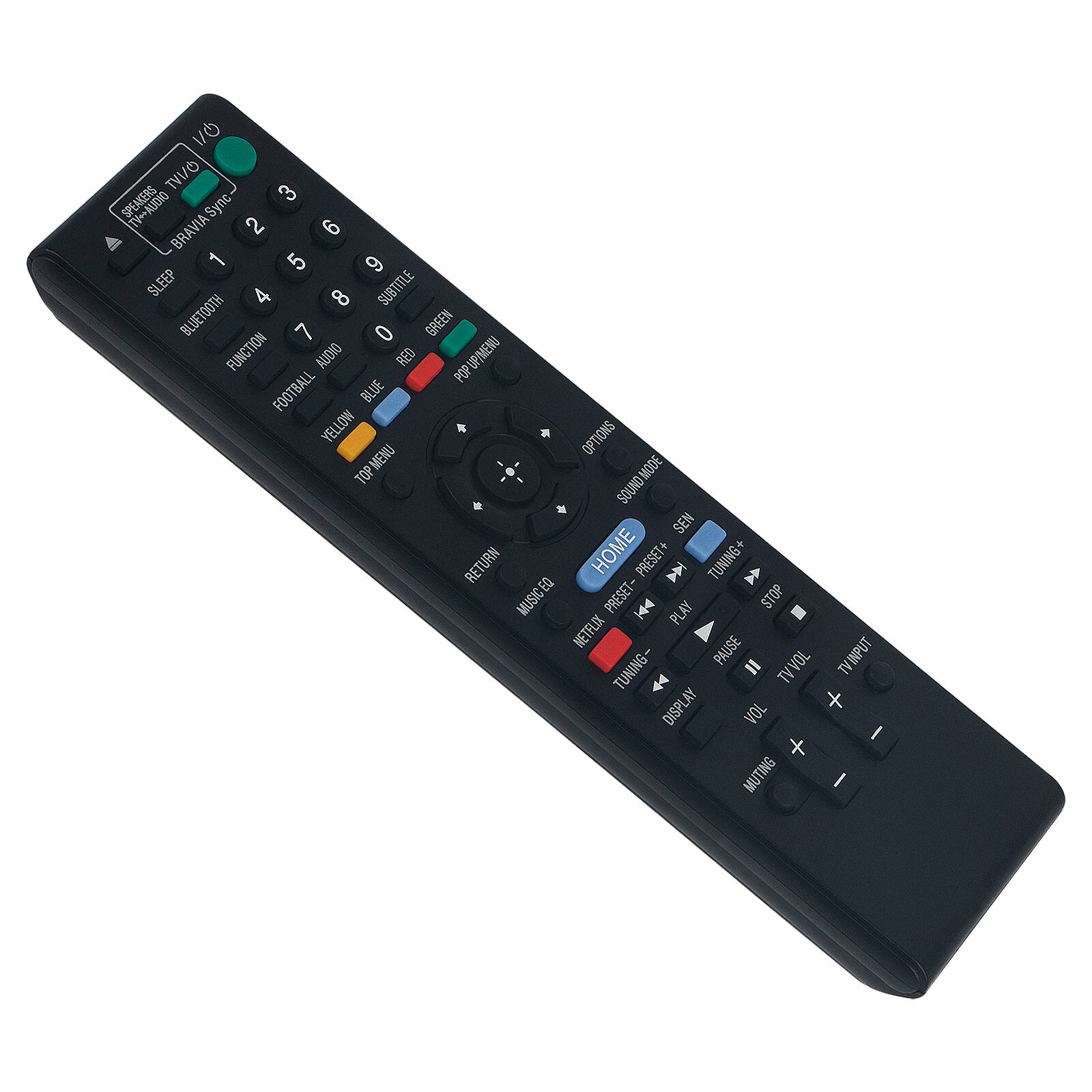 Sure, here is the corrected and grouped text from the image:

**Top Section:**
- TV/AV
- 3 SPEAKERS
- BRAVIA Sync
- SLEEP
- BLUETOOTH
- SUBTITLE
- FUNCTION
- AUDIO
- FOOTBALL
- POP UP/MENU
- OPTIONS
- MENU
- MODE
- TOP MENU

**Number Pad:**
- 1 2 3
- 4 5 6
- 7 8 9
- 0

**Color Buttons:**
- GREEN
- RED
- BLUE
- YELLOW

**Central Section:**
- RETURN
- HOME
- PRESET+
- TUNING+
- EQ
- MUSIC/EQ
- PRESET-
- TUNING-
- PLAY
- STOP
- PAUSE
- NETFLIX

**Bottom Section:**
- TV VOL
- TV INPUT
- DISPLAY
- VOL +
- VOL -
- MUTE

**Additional Buttons:**
- SOUND MODE
- RETURN
- MUSIC/CD
- TUNING+
- TUNING-
- DISPLAY
- VOL +
- VOL -
- MUTE