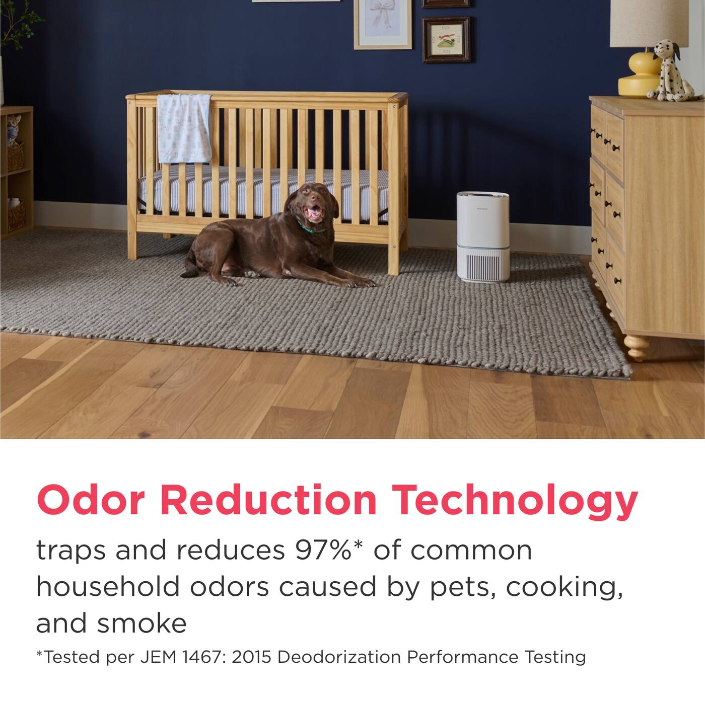 Odor Reduction Technology traps and reduces 97%* of common household odors caused by pets, cooking, and smoke  
*Tested per JEM 1467: 2015 Deodorization Performance Testing