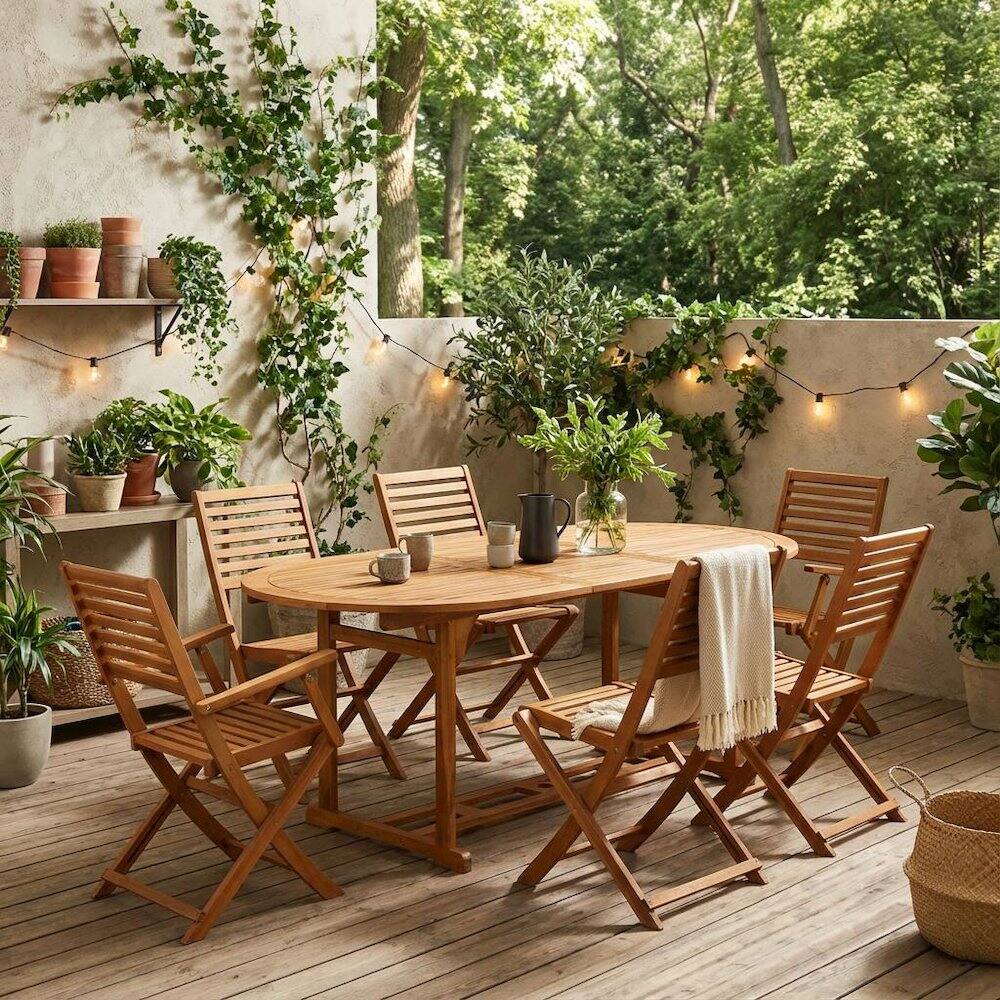 Alt View 4. Outdoor Escape - Wooden Patio Set with Nature-Inspired Oil, Dining Table and 6 Outdoor Chairs - Brown.