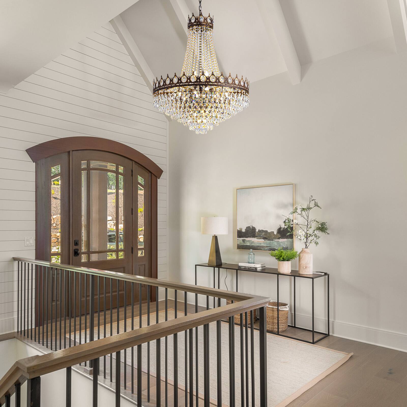 Alt View 2. Siljoy - 32 Inch Luxury Empire Crystal Chandelier, 10-Light K9 Teardrop Crystal Pendant Light for Foyer, Staircase and Entryway - Black.