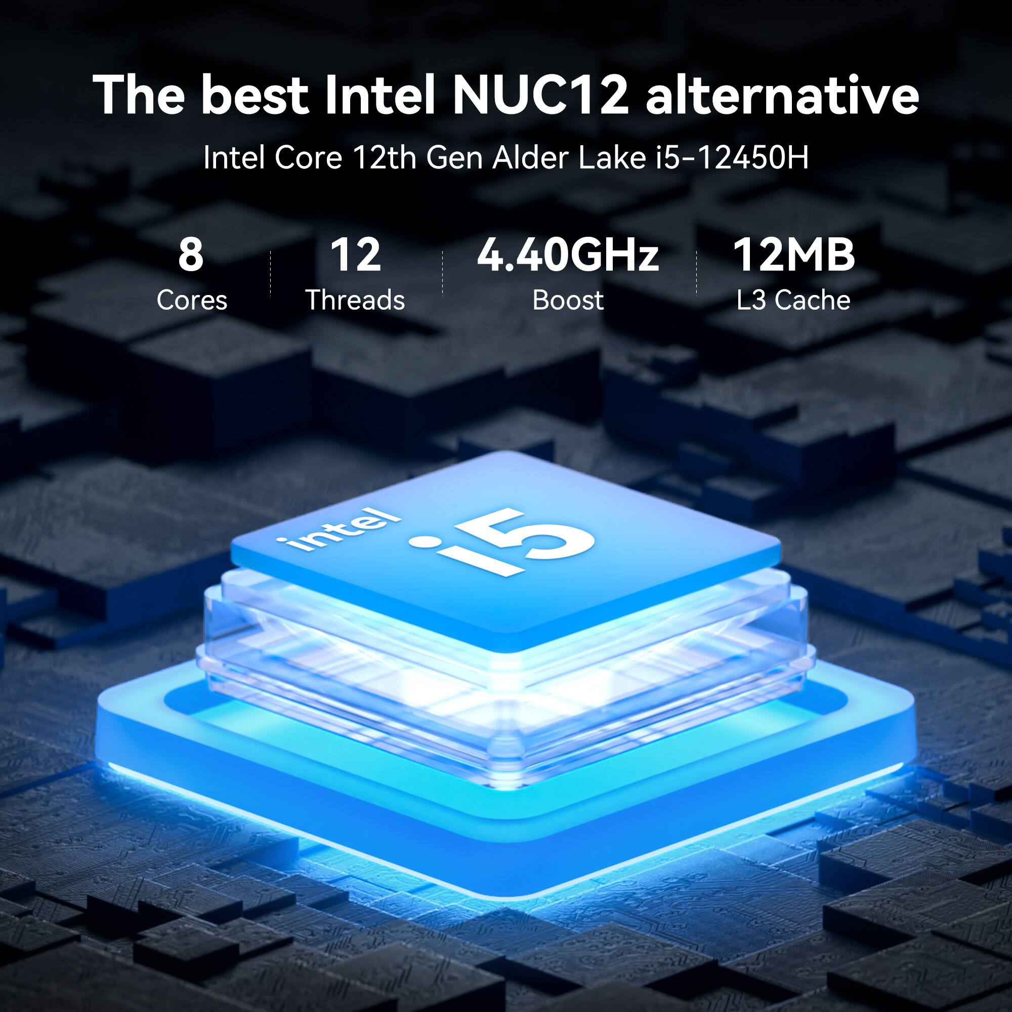 The best Intel NUC12 alternative: Intel Core 12th Gen Alder Lake i5-12450H, 8 Cores, 12 Threads, 4.40GHz Boost, 12MB L3 Cache.