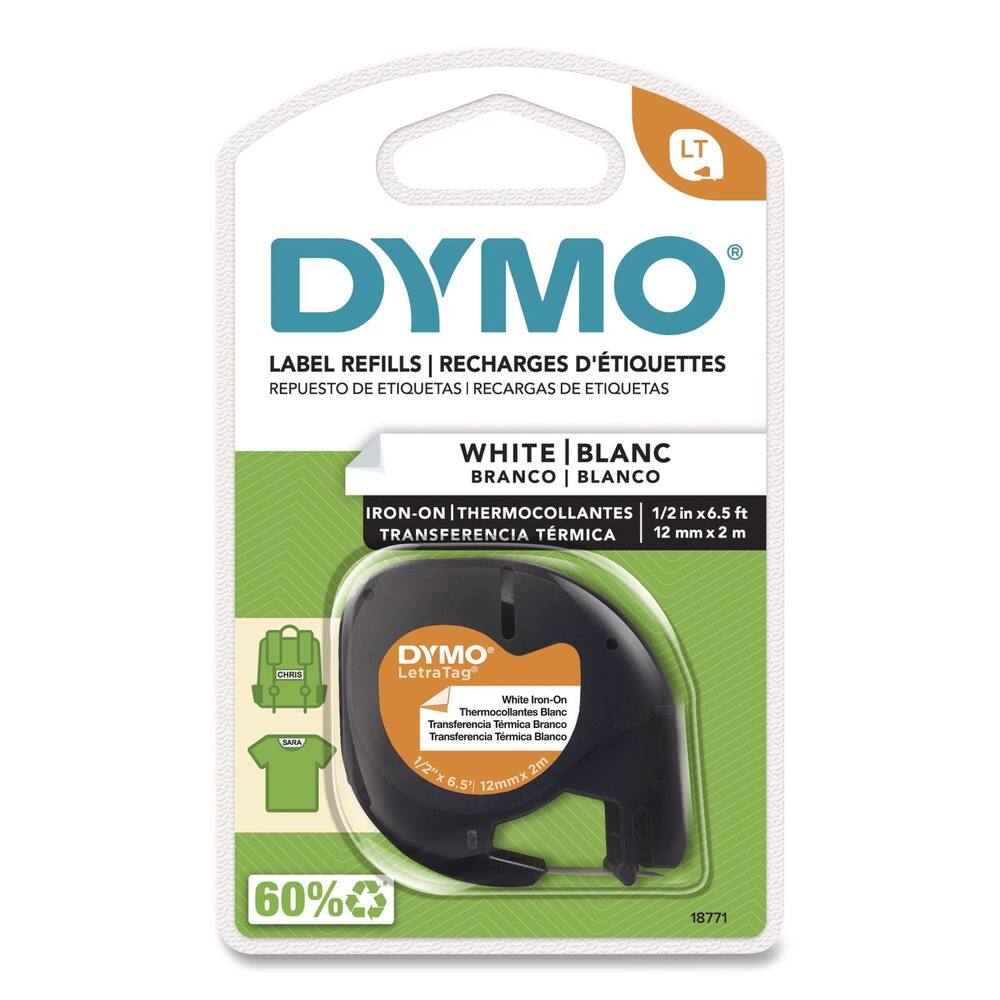 DYMO  
LABEL REFILLS | RECHARGES D'ÉTIQUETTES  
REPUESTO DE ETIQUETAS | RECHARGES DE ÉTIQUETAS  
WHITE | BLANC  
BRANCO | BLANCO  
IRON-ON | THERMOCOLLANTS  
TRANSFERENCIA TÉRMICA  
1/2 in x 6.5 ft  
12 mm x 2 m  
CHRIS DYMO  
LetraTag  
SARA  
White Iron-On Thermocollantes Blanc  
Transferencia Térmica Blanco  
1/2" x 2m x 6.5'  
12mm x 60%  
18771