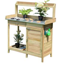 Costway - Outdoor Potting Bench Garden Wooden Work Station Metal Tabletop Cabinet Drawer - Natural