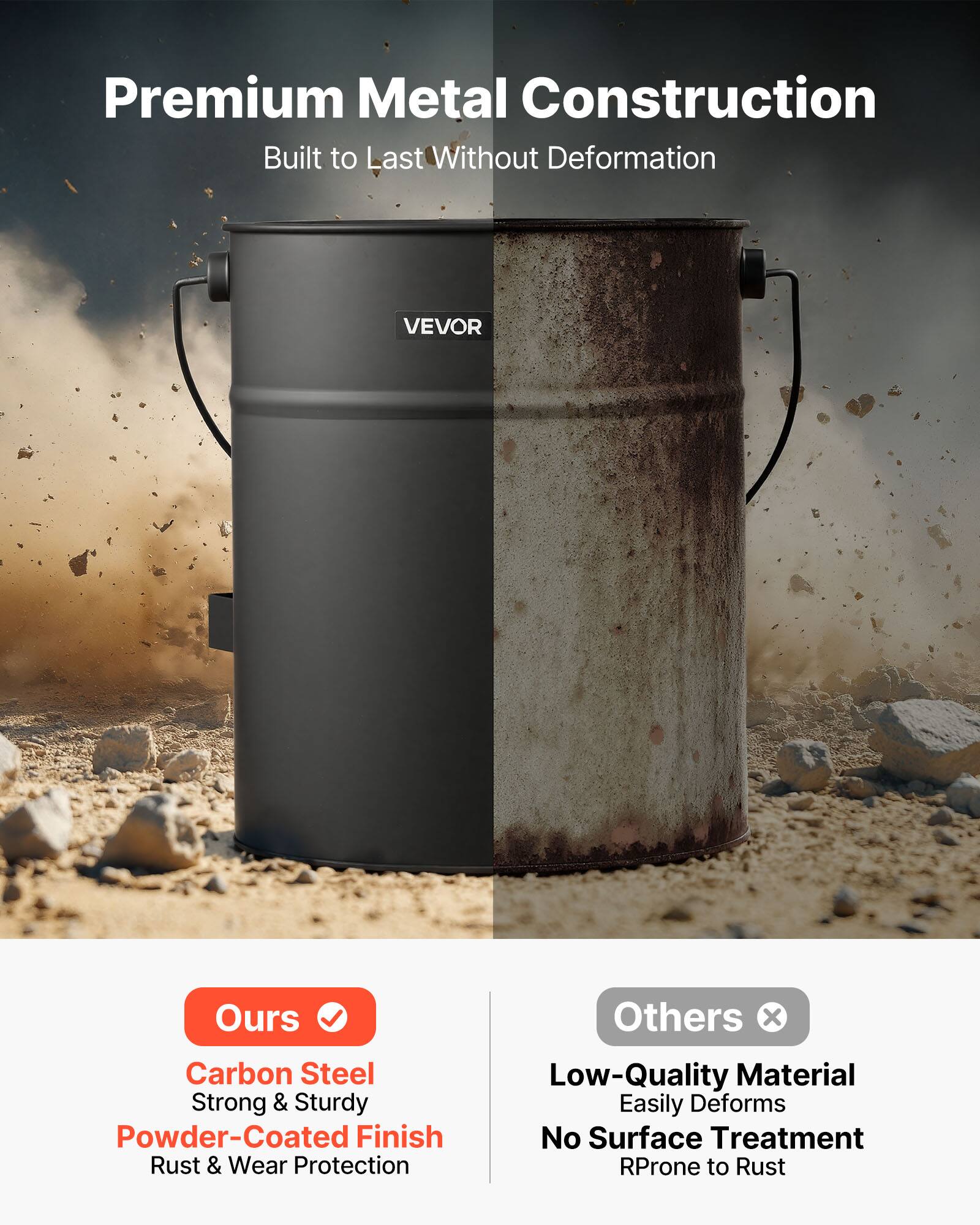 Premium Metal Construction  
Built to Last Without Deformation  

Ours  
Carbon Steel  
Strong & Sturdy  
Powder-Coated Finish  
Rust & Wear Protection  

Others  
Low-Quality Material  
Easily Deforms  
No Surface Treatment  
RProne to Rust