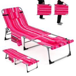 Costway - Outdoor Folding Chaise 5-Position Lounge Chair with Face Hole &Adjustable Footrest - Colorful Pink
